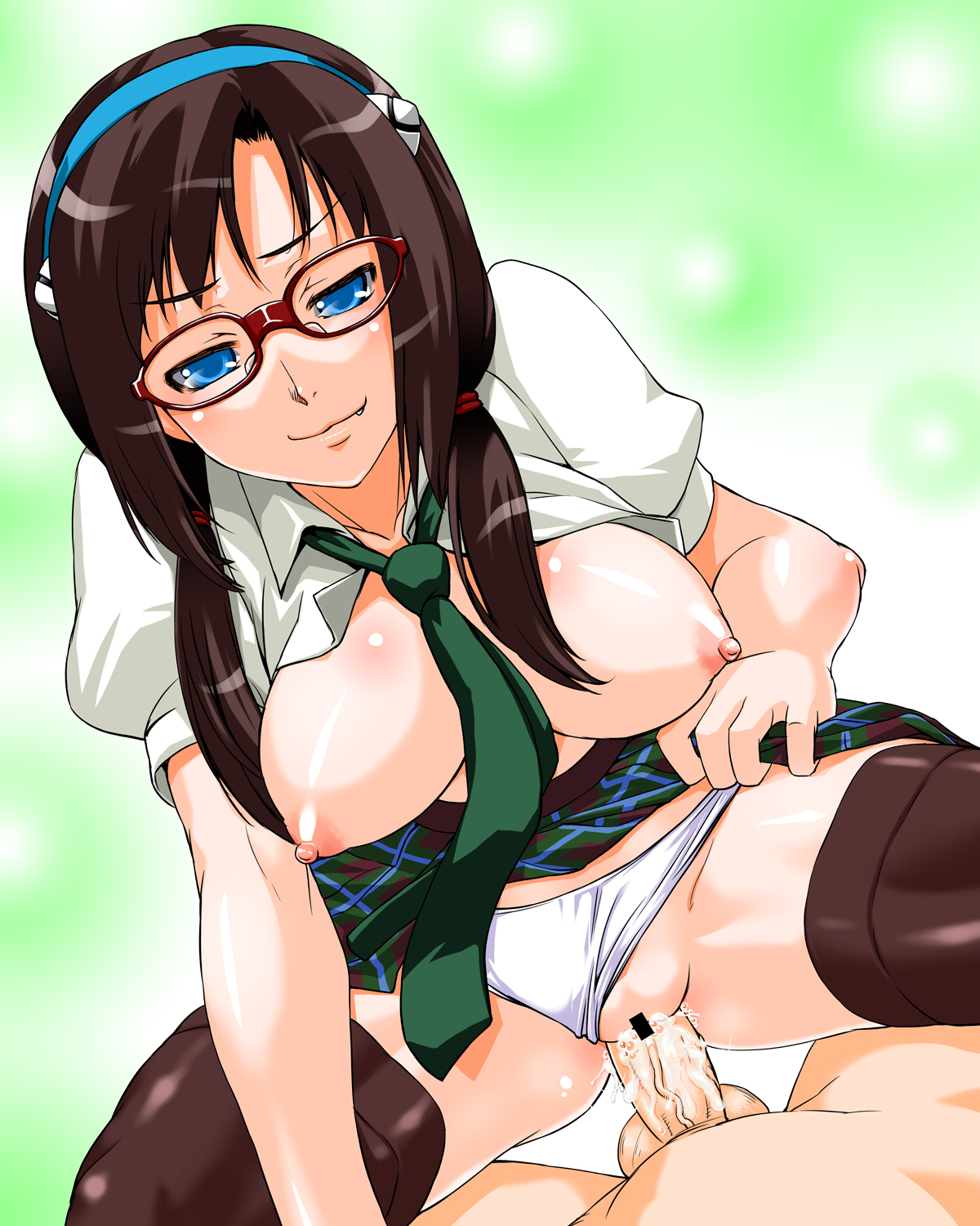 shinama, makinami mari illustrious, neon genesis evangelion, rebuild of evangelion, highres, 00s, 1girl, blue eyes, breasts, censored, clothing aside, cum, cum in pussy, girl on top, glasses, large breasts, necktie, nipples, panties, panties aside, penis, pov, sex, solo focus, thighhighs, underwear, vaginal