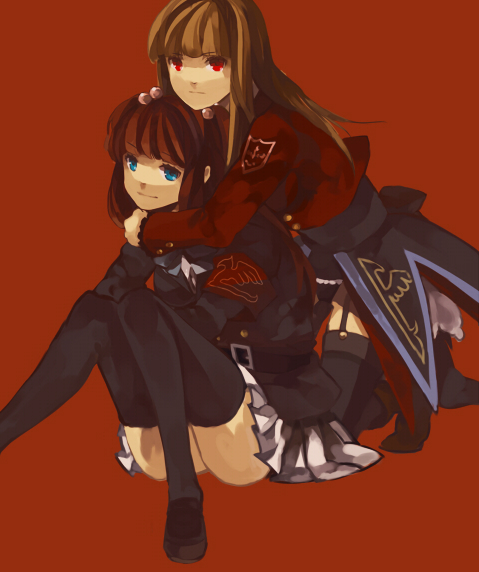 kireme, mammon (umineko), stakes of purgatory, ushiromiya ange, umineko no naku koro ni, bad id, bad pixiv id, 00s, 2girls, armband, blue eyes, brown hair, hair bobbles, hair ornament, jacket, multiple girls, red eyes, red hair, skirt, thighhighs