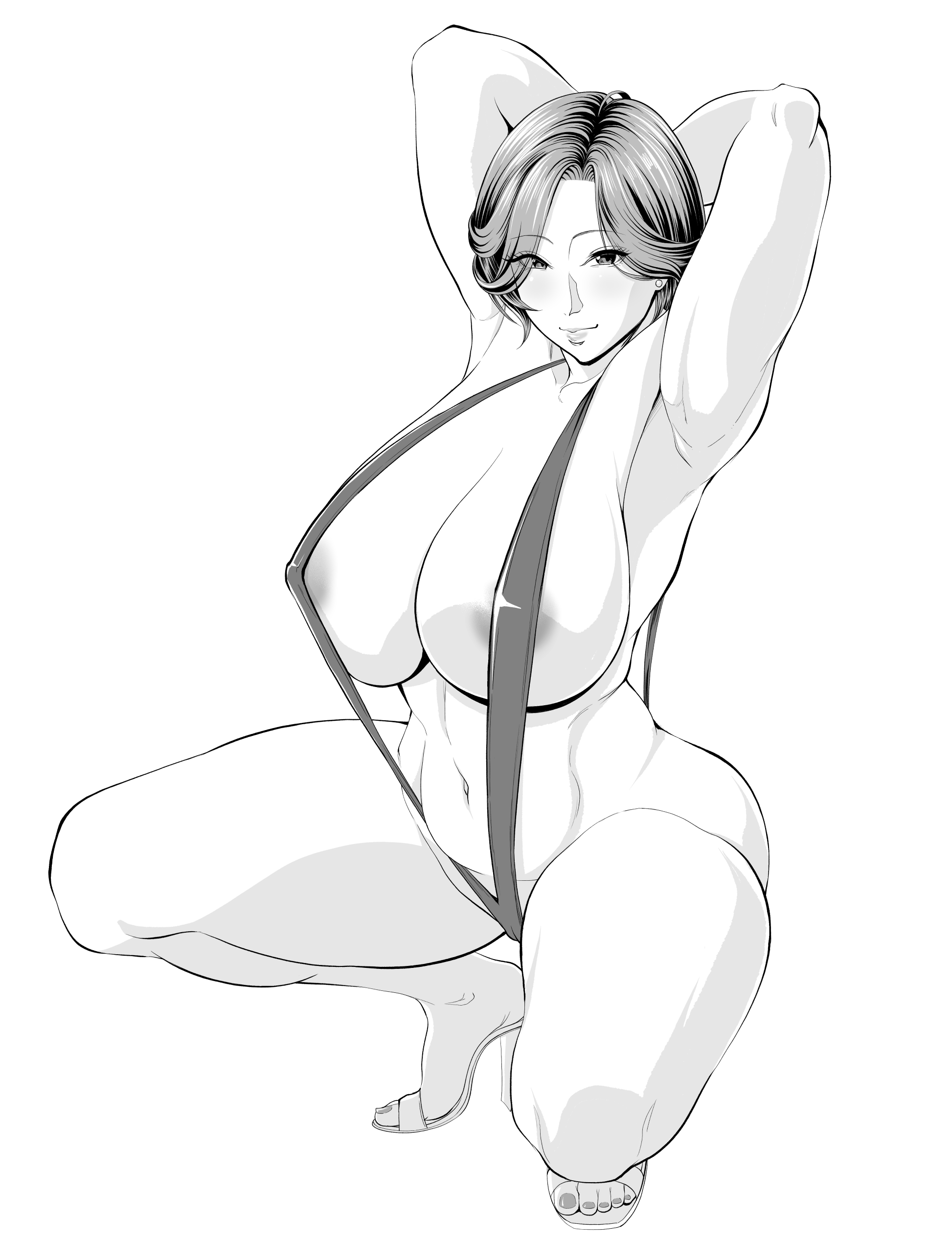 shiono kou, highres, 1girl, arms behind head, arms up, breasts, crouching, curvy, greyscale, high heel sandals, huge breasts, light smile, lips, mature female, monochrome, navel, parted bangs, sandals, shaved armpits, short hair, slingshot swimsuit, spread legs, swimsuit, white background