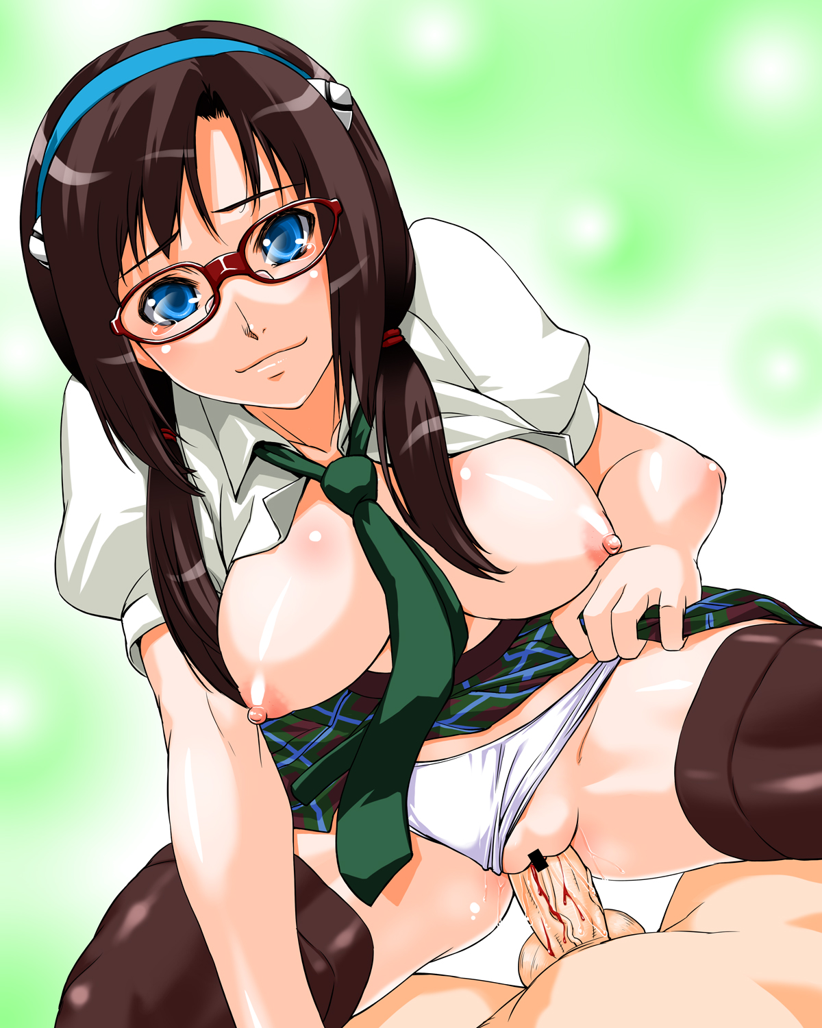 shinama, makinami mari illustrious, neon genesis evangelion, rebuild of evangelion, highres, 00s, 1girl, blood, blue eyes, breasts, brown hair, censored, clothing aside, cowgirl position, defloration, girl on top, glasses, long hair, necktie, nipples, panties, panties aside, penis, sex, solo focus, straddling, tears, thighhighs, underwear, vaginal, white panties