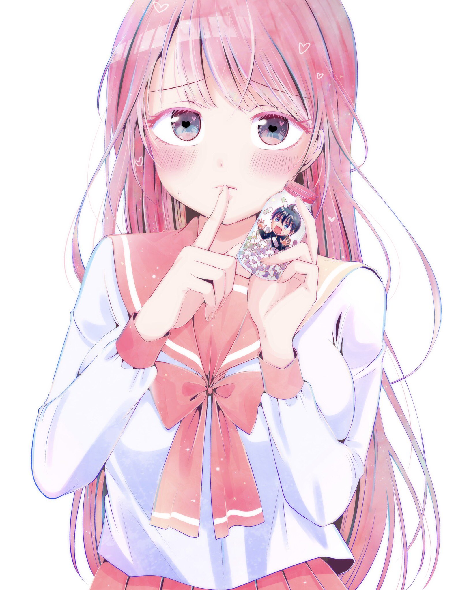 a12nakashima, original, commentary request, highres, 1boy, 1girl, blush, bottle, bow, bowtie, breasts, closed mouth, cover image, finger to mouth, heart, holding, holding bottle, in bottle, in container, index finger raised, large breasts, long hair, long sleeves, looking at viewer, mini person, miniboy, pill, pink bow, pink bowtie, pink hair, pink sailor collar, pink skirt, pleated skirt, sailor collar, school uniform, serafuku, shirt, simple background, skirt, solo focus, upper body, white background, white shirt