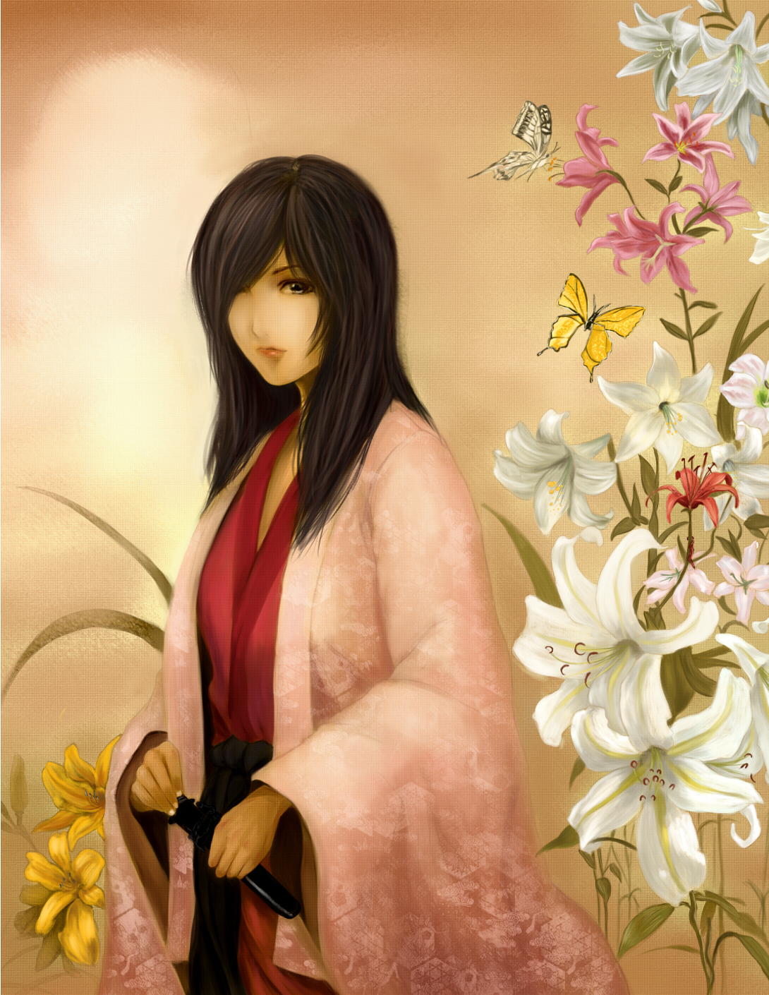 jiro, bad id, bad pixiv id, highres, 1girl, black eyes, black hair, bug, butterfly, easter lily, female focus, flower, hair over one eye, honeycomb pattern, insect, japanese clothes, kimono, lily (flower), pink flower, red flower, sasa-yuri, short sword, solo, tantou, yellow flower