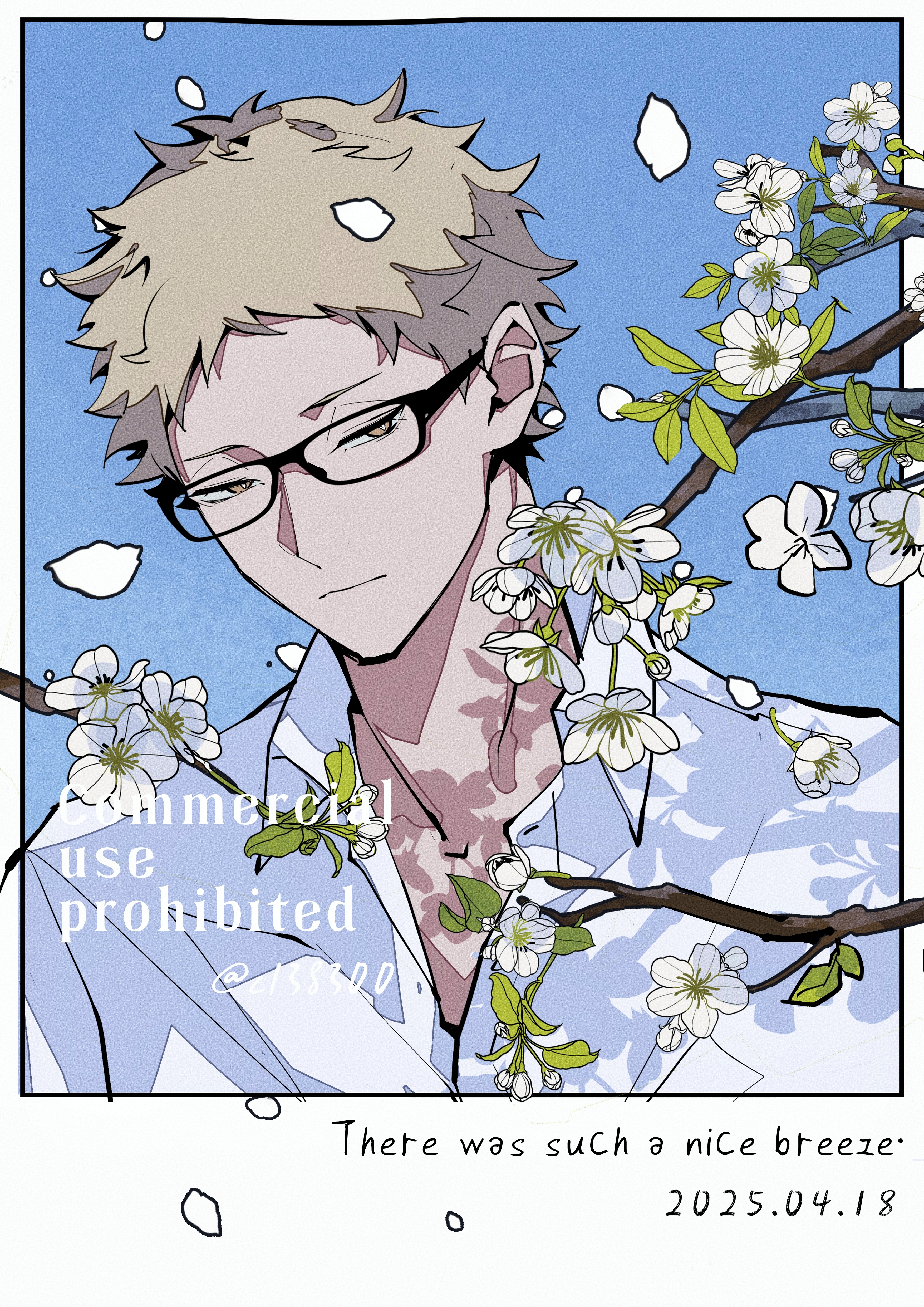 c138300, tsukishima kei, haikyuu!!, absurdres, commentary, flower request, highres, symbol-only commentary, 1boy, black-framed eyewear, blonde hair, closed mouth, collared shirt, dated, english text, glasses, male focus, polaroid photo, rectangular eyewear, shirt, short hair, solo, twitter username, watermark, white shirt