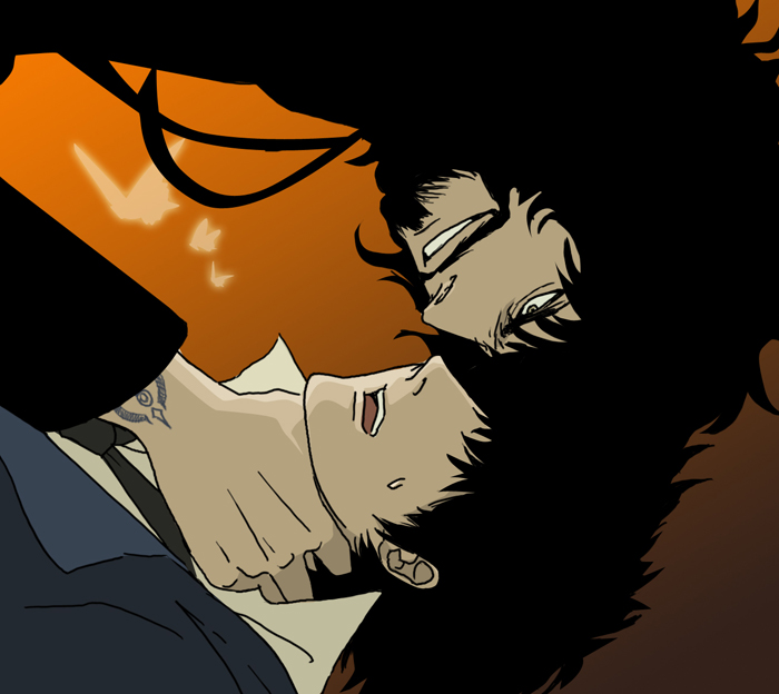 gb (doubleleaf), spike spiegel, vincent volaju, cowboy bebop, 1990s (style), 2boys, asphyxiation, beard, black hair, facial hair, formal clothes, male focus, multiple boys, short hair, smile, strangling, suit