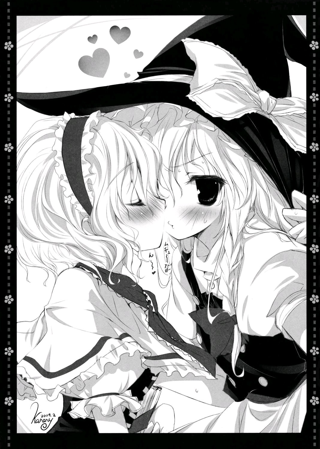 korie riko, alice margatroid, kirisame marisa, touhou, highres, scan, 2girls, blush, female focus, greyscale, hat, heart, kiss, monochrome, multiple girls, o3o, witch, witch hat, yuri