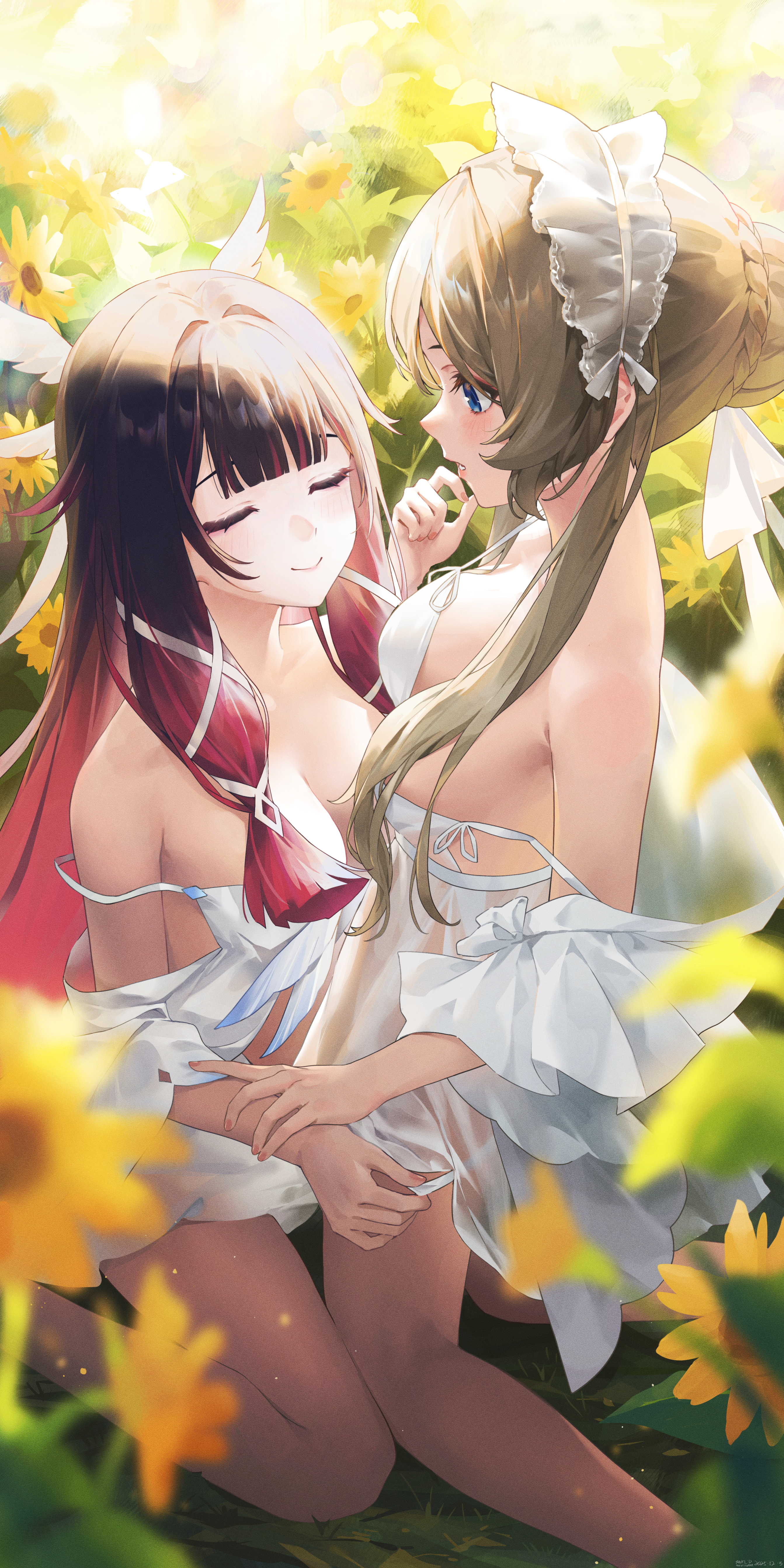 swkl:d, columbina (genshin impact), sandrone (genshin impact), genshin impact, absurdres, highres, revision, 2girls, alternate costume, bare shoulders, black hair, blue eyes, blurry, blurry foreground, braid, breasts, brown hair, bun with braided base, cleavage, closed eyes, closed mouth, dress, flower, hand up, kneeling, large breasts, looking at another, multicolored hair, multiple girls, open mouth, outdoors, panties, purple hair, short hair with long locks, sleeveless, sleeveless dress, smile, sunflower, two-tone hair, underwear, undressing another, white dress, white headdress, white panties