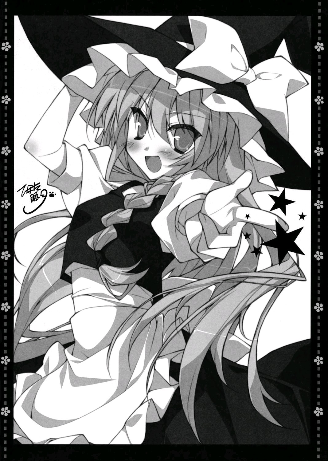 korie riko, kirisame marisa, touhou, highres, scan, 1girl, :d, braid, female focus, greyscale, hand on headwear, hat, long hair, looking at viewer, monochrome, open mouth, pointing, pointing at viewer, smile, solo, star (symbol), witch, witch hat