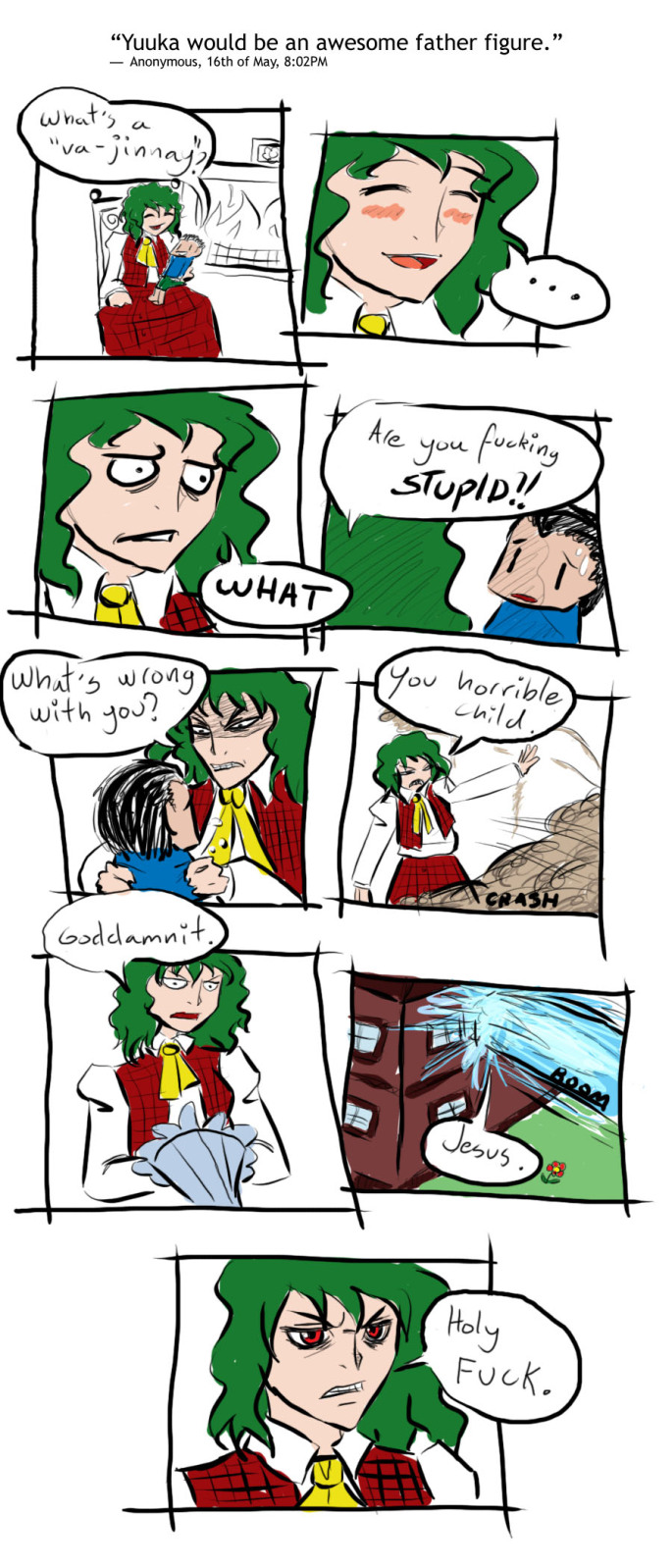 giddy (artist), kazami yuuka, touhou, highres, non-web source, !?, comic, dress, english text, female focus, plaid clothes, plaid dress, profanity