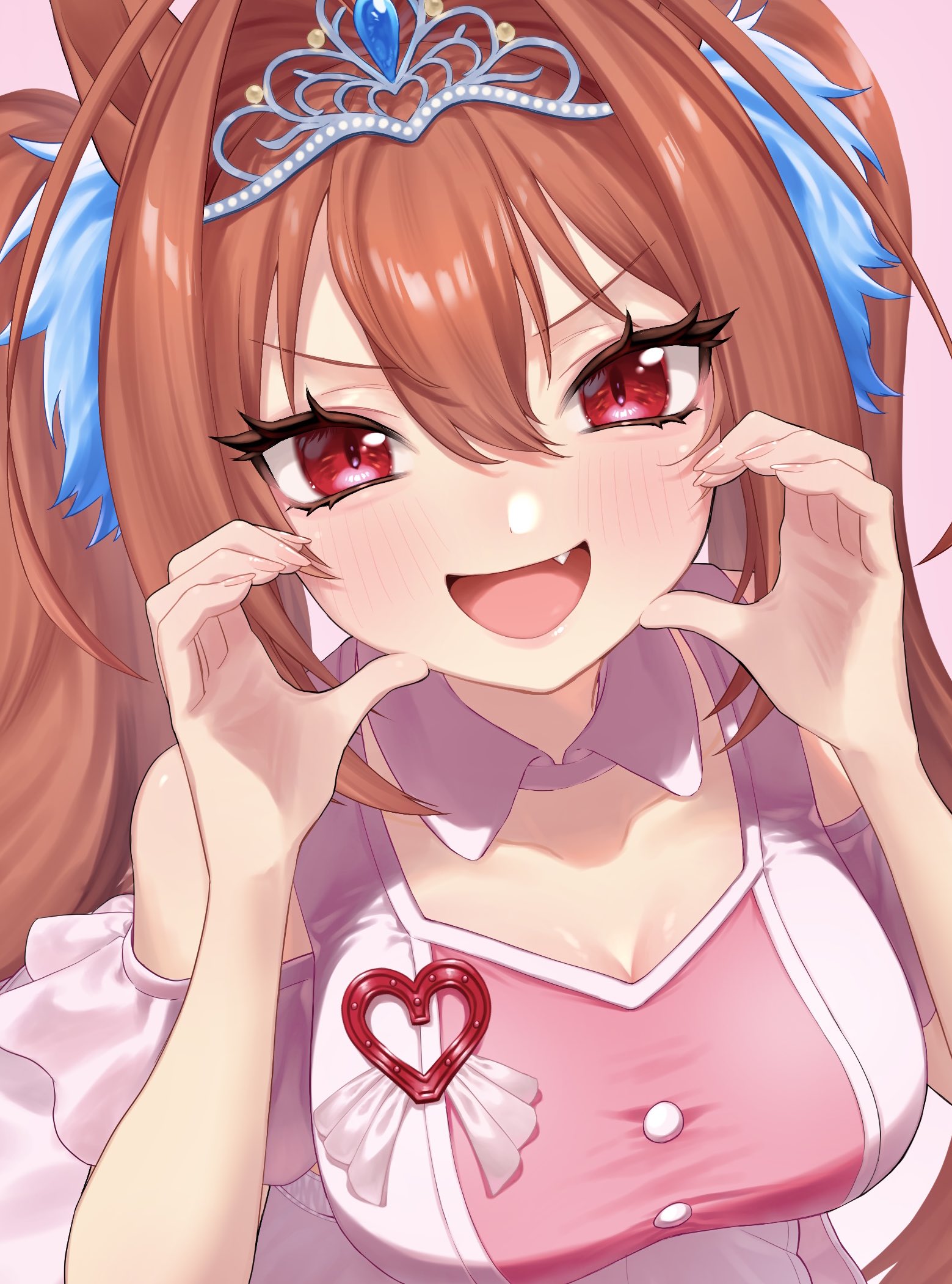 sarachi (sara dayluv), daiwa scarlet (umamusume), umamusume, highres, 1girl, animal ears, blush, breasts, brown hair, cleavage, clothing cutout, detached collar, fang, hair between eyes, hair intakes, heart, heart hands, horse ears, horse girl, large breasts, long hair, looking at viewer, meni shuki rush-sshu!, open mouth, pink shirt, pink skirt, red eyes, shirt, shoulder cutout, skirt, smile, solo, tiara, twintails, very long hair