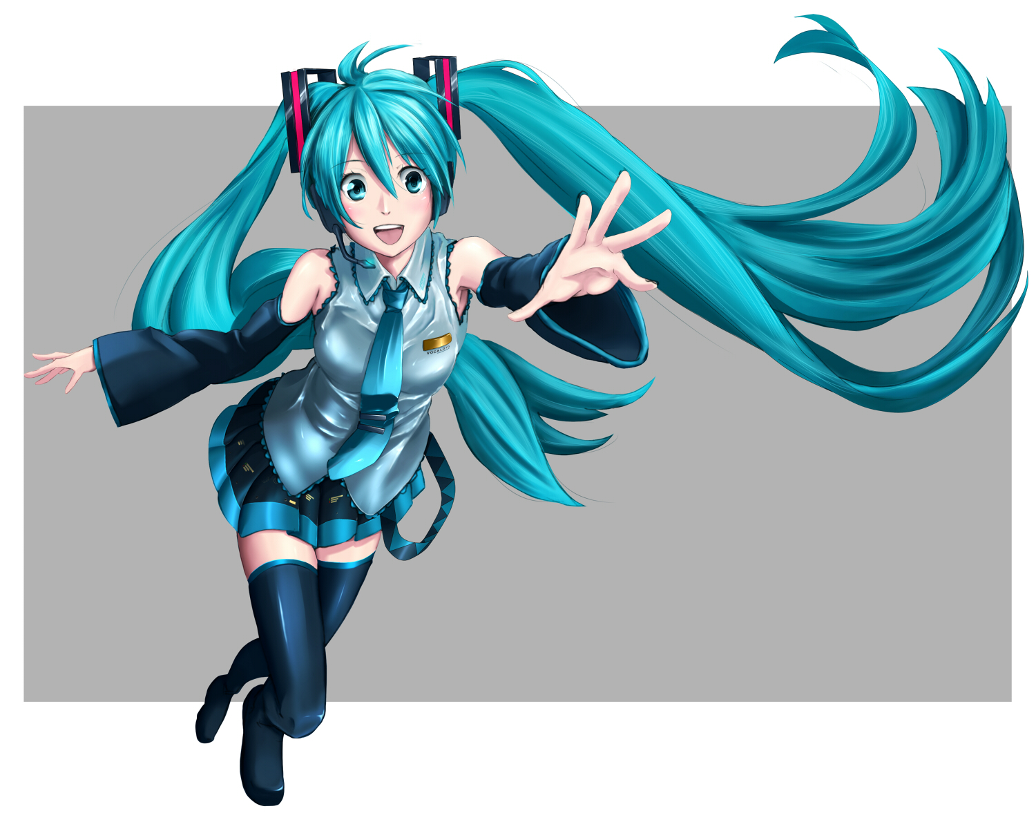 eto, hatsune miku, vocaloid, bad id, bad pixiv id, highres, 1girl, aqua eyes, aqua hair, detached sleeves, female focus, full body, long hair, necktie, skirt, solo, thighhighs, twintails, very long hair, zettai ryouiki
