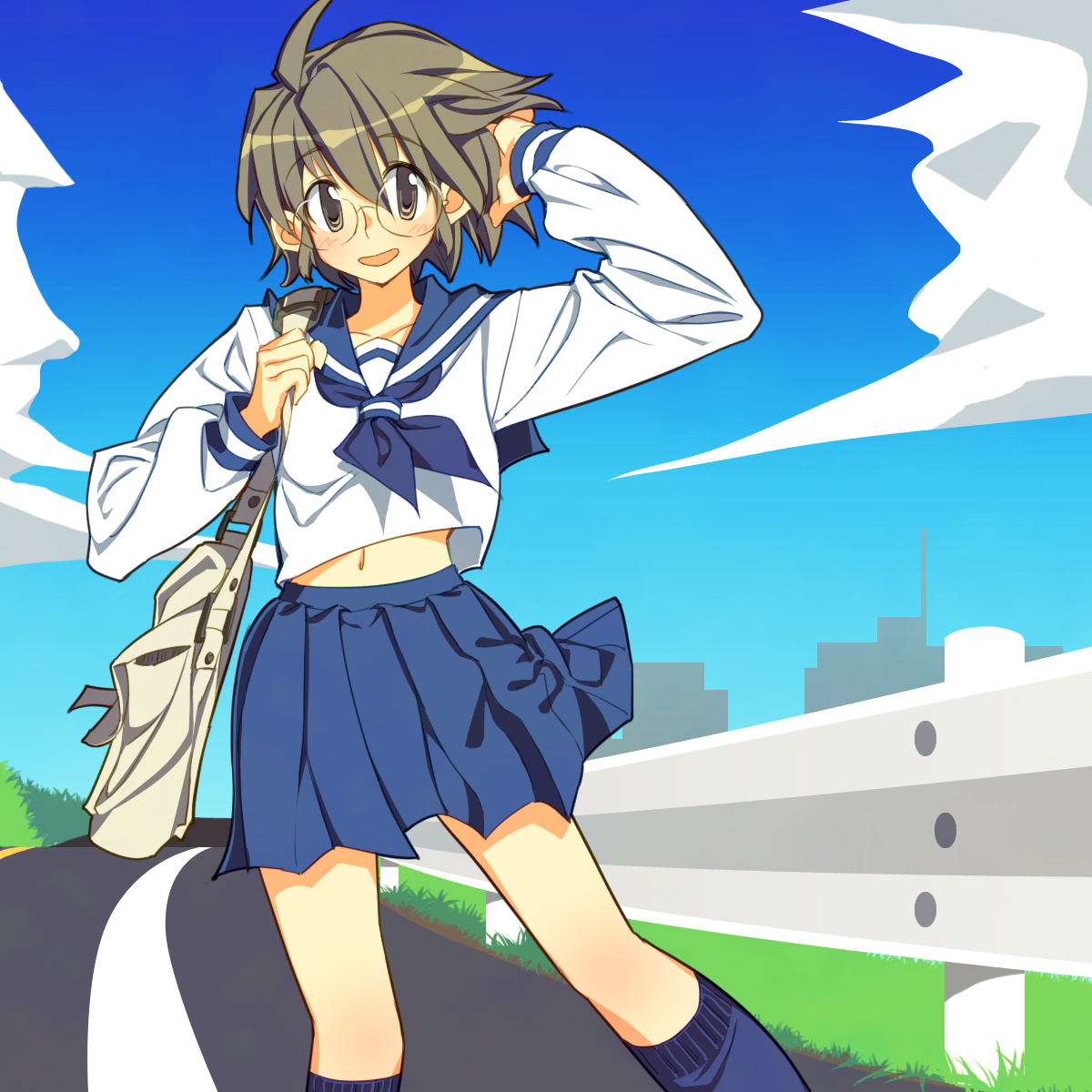 yuuki keisuke, highres, bag, blush, cityscape, cloud, day, grass, grey hair, road, school uniform, shoulder bag, sky, smile, solo, yellow eyes