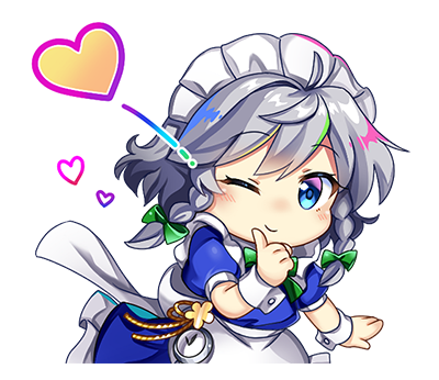 rotte (1109), izayoi sakuya, touhou, touhou lostword, lowres, official art, second-party source, 1girl, apron, blue dress, blue eyes, bow, bowtie, braid, chibi, chibi only, closed mouth, dress, green bow, green bowtie, grey hair, hair bow, heart, long hair, looking at viewer, maid, maid headdress, one eye closed, pocket watch, puffy short sleeves, puffy sleeves, short sleeves, smile, solo, sticker (medium), transparent background, twin braids, waist apron, watch, white apron, wrist cuffs