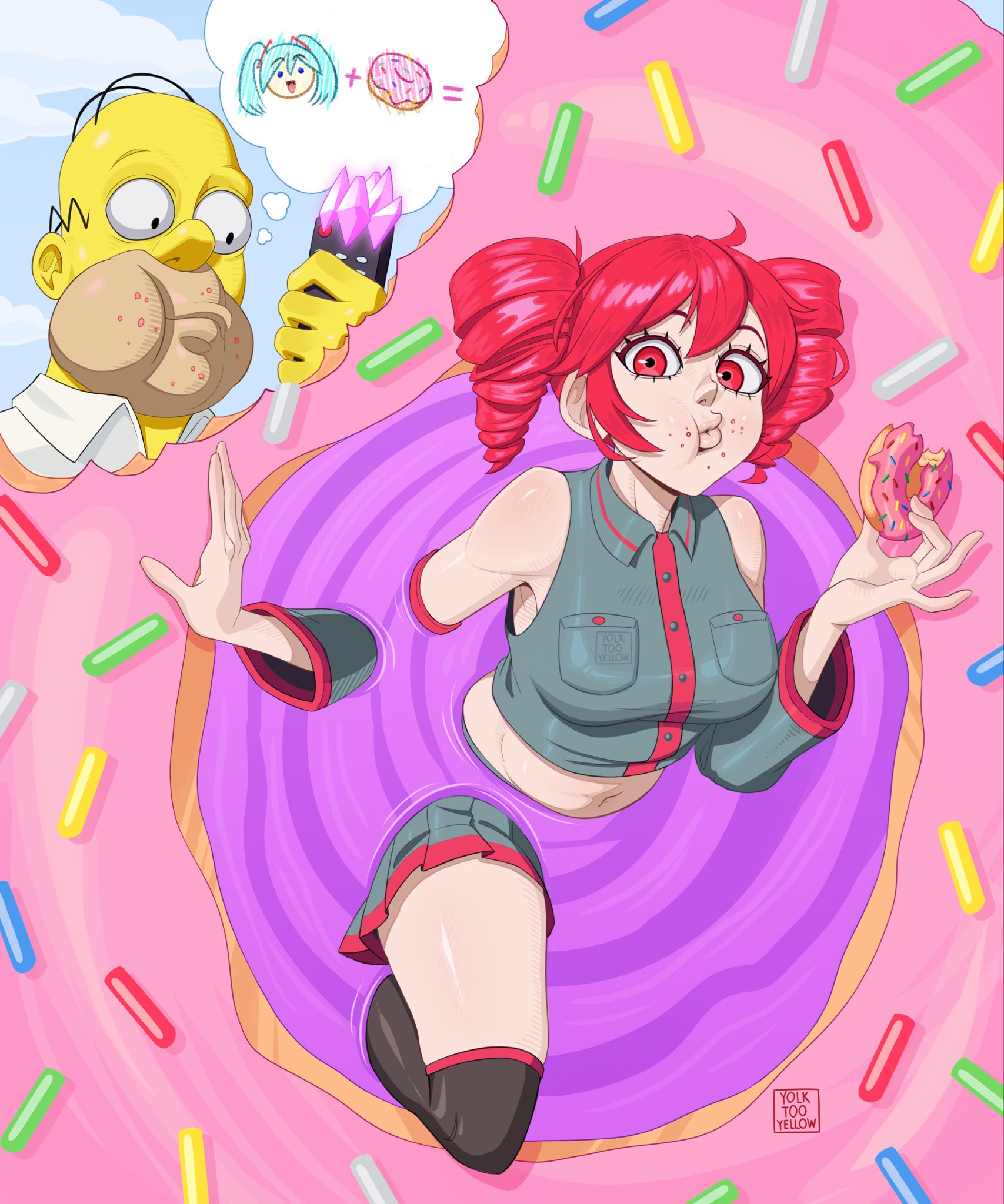 yolk too yellow, hatsune miku, homer simpson, kasane teto, kasane teto (utau), fortnite, the simpsons, utau, vocaloid, commentary, english commentary, highres, 1boy, 1girl, bald, black boots, boots, breasts, colored eyelashes, colored skin, controller, crossover, detached sleeves, donut, drill hair, eating, food, food on face, grey shirt, grey skirt, holding, holding food, image in thought bubble, medium breasts, midriff, navel, pink eyes, pink hair, pink trim, pleated skirt, portal (object), remote control, shirt, skirt, sleeveless, sleeveless shirt, speech bubble, sprinkles, thigh boots, thighhighs, thought bubble, twin drills, white shirt, wide-eyed, yellow skin, zettai ryouiki