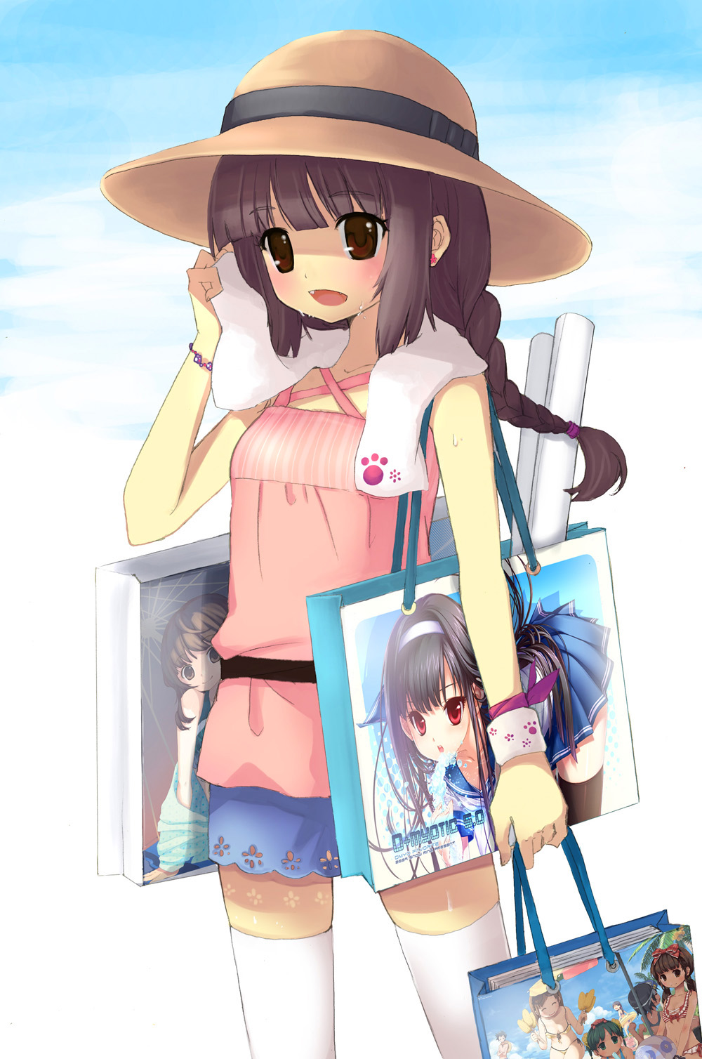 juke, bad id, bad pixiv id, highres, bag, blush, braid, brown hair, earrings, fang, hat, jewelry, long hair, skirt, solo, sweat, thighhighs, towel, white thighhighs, wrist cuffs, zettai ryouiki