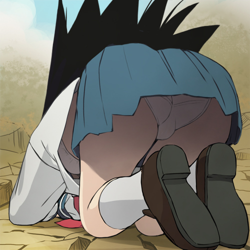 haruyama kazunori, kitsu chiri, sayonara zetsubou sensei, lowres, 00s, 1girl, all fours, ass, black hair, bra, female focus, from behind, kneeling, lingerie, long hair, panties, pantyshot, prostration, school uniform, serafuku, skirt, solo, trefoil, underwear, upskirt, white bra, white panties