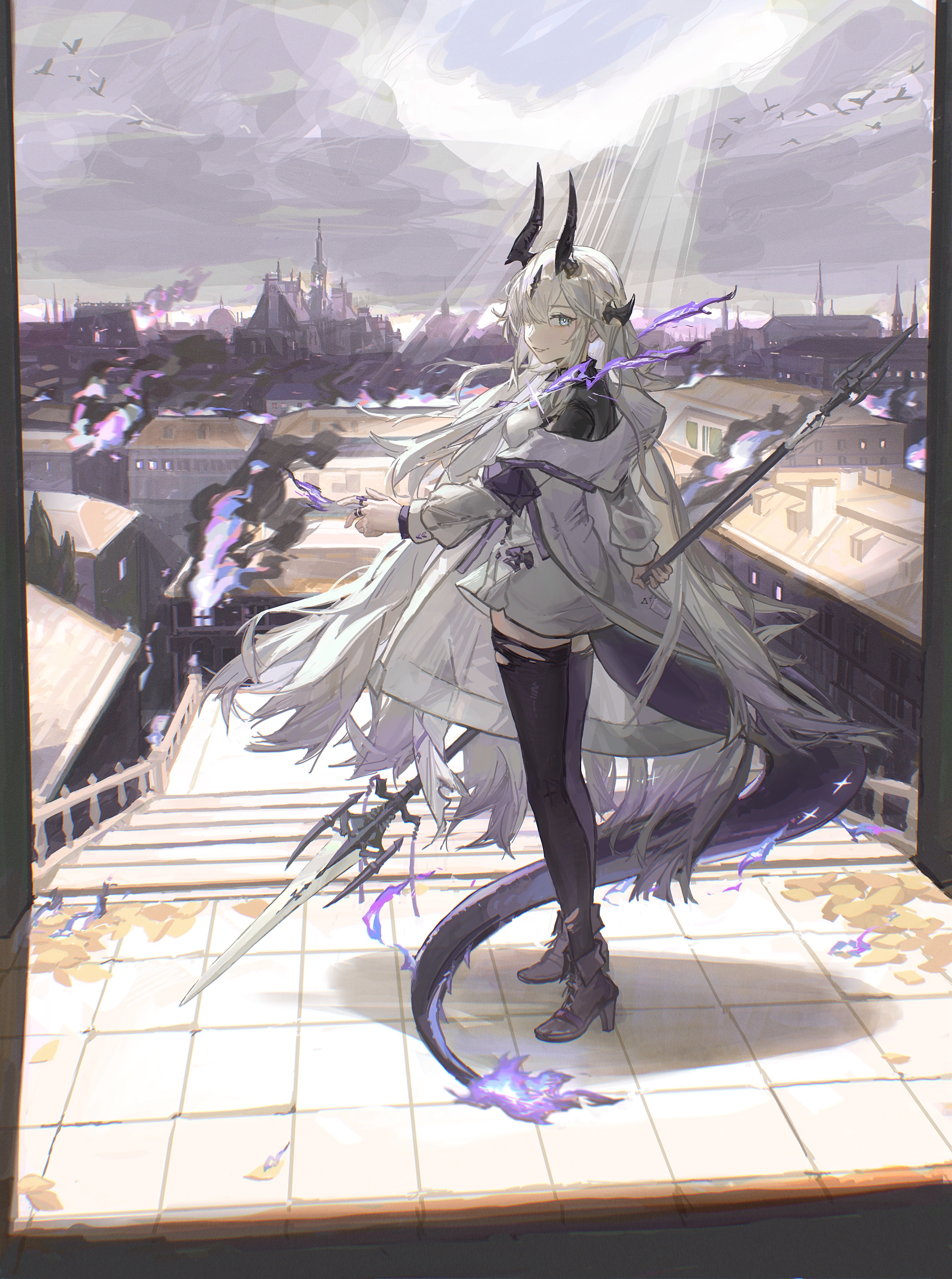 shuimo, necrass (arknights), arknights, absurdres, commentary, highres, 1girl, black boots, black shirt, black thighhighs, blue eyes, boots, brown hair, building, cloud, cloudy sky, dragon girl, dragon horns, dragon tail, fire, fold-over boots, from side, hair over one eye, high heel boots, high heels, holding, holding polearm, holding weapon, horns, jacket, long hair, long sleeves, looking at viewer, looking to the side, open clothes, open jacket, polearm, puffy long sleeves, puffy sleeves, purple fire, railing, shirt, sky, smile, solo, spear, stairs, standing, tail, thighhighs, torn clothes, torn thighhighs, very long hair, weapon, white jacket