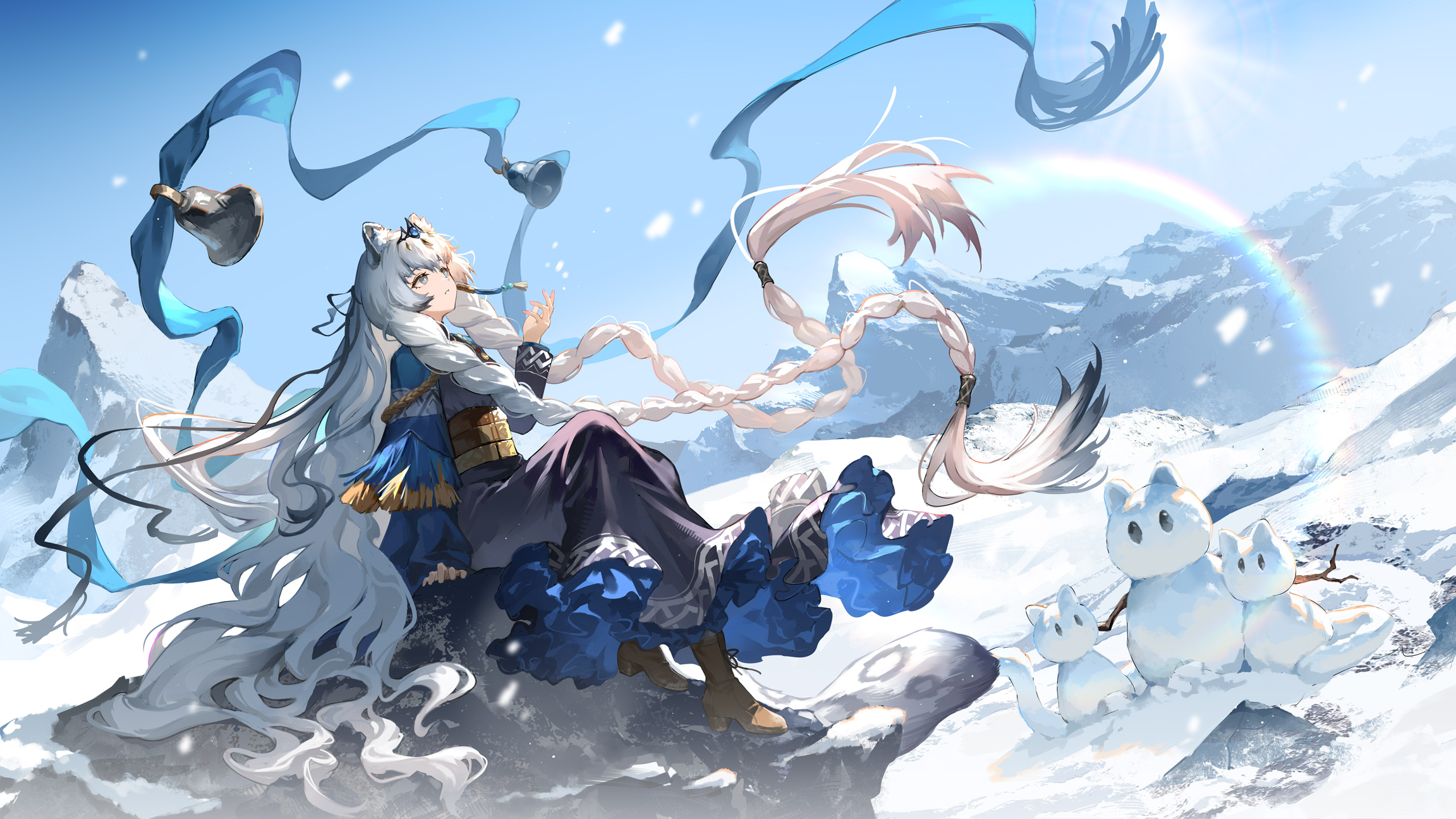 nanxianyiduan, pramanix (arknights), arknights, commentary request, highres, 1girl, absurdly long hair, animal ear fluff, animal ears, arm support, bell, black dress, blue sky, boots, braid, brown boots, closed mouth, day, dress, floating hair, frilled dress, frills, grey eyes, grey hair, hand up, leopard ears, leopard girl, leopard tail, long hair, long sleeves, mountain, outdoors, sky, snow, snowman, solo, tail, tiara, twin braids, very long hair