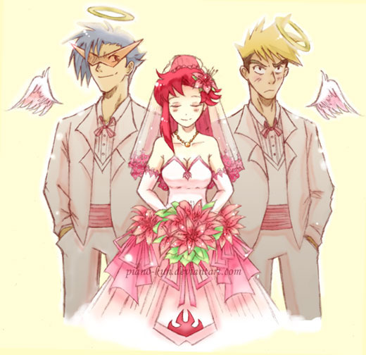 piano-kun, kamina (ttgl), kittan bachika, yoko littner, tengen toppa gurren lagann, spoilers, 00s, 1girl, 2boys, blonde hair, blue hair, blush, bridal veil, bride, dress, flower, halo, jewelry, kamina shades, multiple boys, necklace, pink dress, red hair, traditional halo, triangular eyewear, tuxedo, veil, watermark, wedding, wedding dress, wings