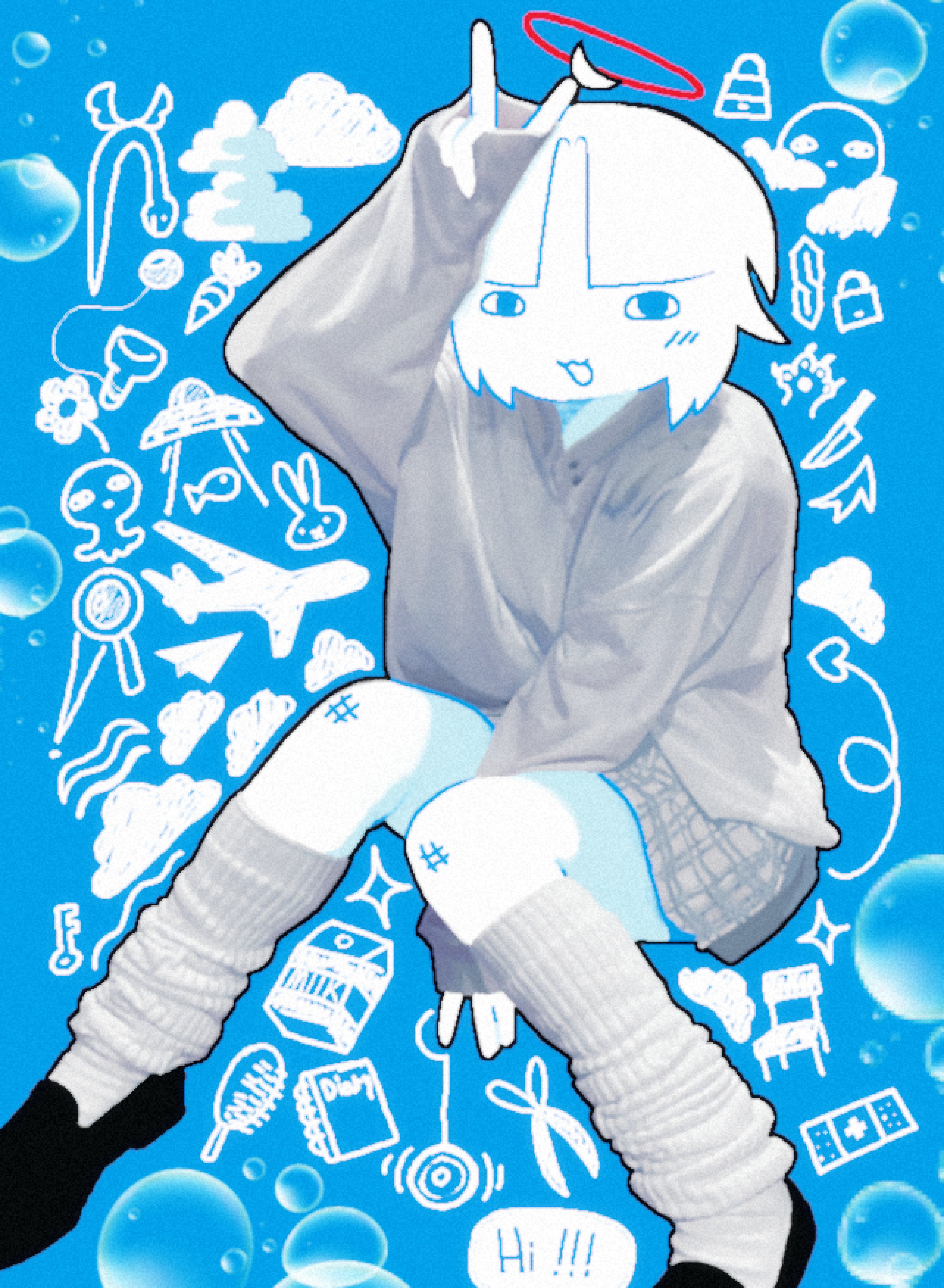 chewchewer, original, absurdres, commentary, english commentary, highres, microsoft paint (medium), 1girl, ahoge, aircraft, airplane, angel, black outline, black shoes, blue background, bubble, buttons, carrot, chair, cloud, collared shirt, comb, cool s, detached ahoge, diary, drawn tail, drink carton, english text, flower, halo, key, knife, long sleeves, loose socks, milk carton, nyan (chewchewer), outline, paper airplane, plaid clothes, plaid skirt, scissors, shirt, shoes, short hair, skirt, sleeves past fingers, sleeves past wrists, socks, solo, sparkle, ufo, v, white shirt, white socks, yo-yo