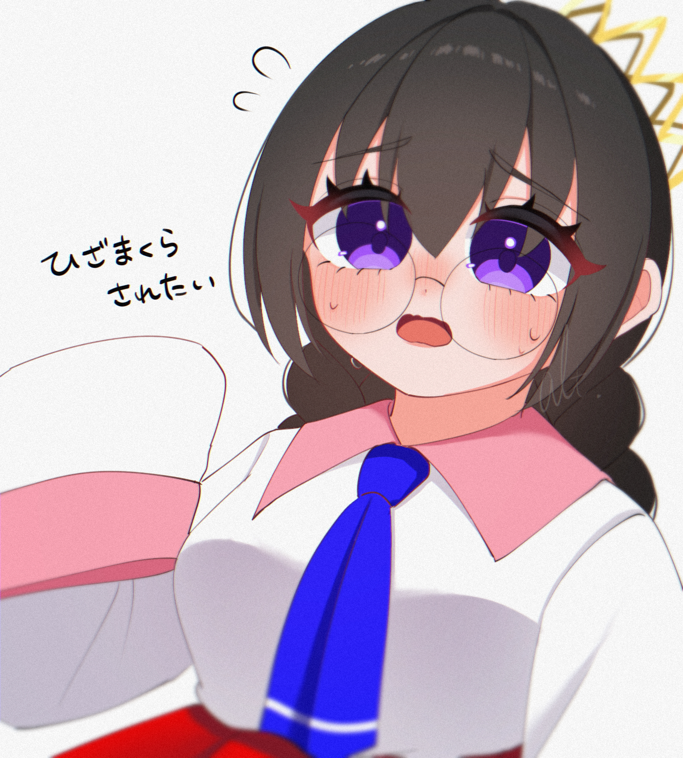 alt 0218, ripple star queen, kirby (series), kirby 64, nintendo, commentary request, highres, 1girl, black hair, braid, crown, flying sweatdrops, glasses, grey background, long hair, low twin braids, open mouth, purple eyes, signature, simple background, sleeves past fingers, sleeves past wrists, sweat, twin braids