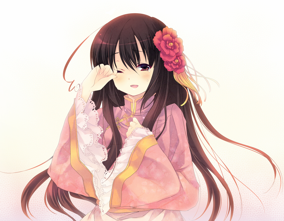 shinia, taiwan (hetalia), axis powers hetalia, 00s, 1girl, ahoge, brown eyes, brown hair, changpao, china dress, chinese clothes, dress, female focus, flower, frilled sleeves, frills, hair flower, hair ornament, japanese clothes, kimono, long hair, long sleeves, one eye closed, open mouth, petticoat, plum blossoms, smile, solo, tears, wide sleeves, wink, wiping tears