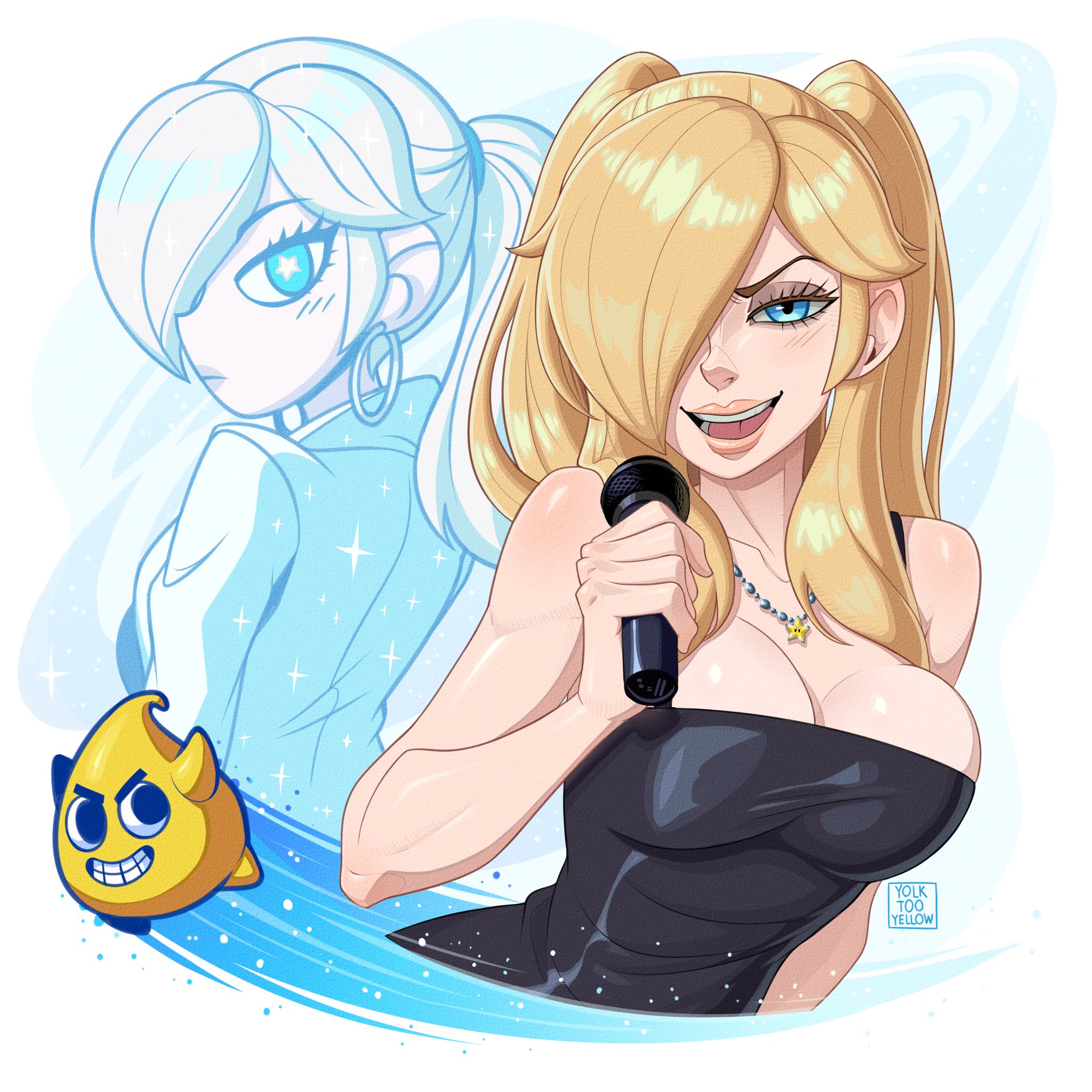 yolk too yellow, envy adams, luma (mario), rosalina, mario (series), nintendo, scott pilgrim (series), super mario galaxy, the super mario galaxy movie, commentary, english commentary, highres, 1girl, black dress, blonde hair, blue eyes, breasts, brown eyeshadow, cleavage, cosplay, dress, dual persona, earrings, envy adams (cosplay), grin, hair over one eye, holding, holding microphone, hoop earrings, jacket, jewelry, large breasts, long hair, looking at viewer, microphone, open mouth, ponytail, scott pilgrim takes off (style), smile, solo focus, star-shaped pupils, star (symbol), symbol-shaped pupils, twintails, upper body, voice actor connection, white background, white jacket