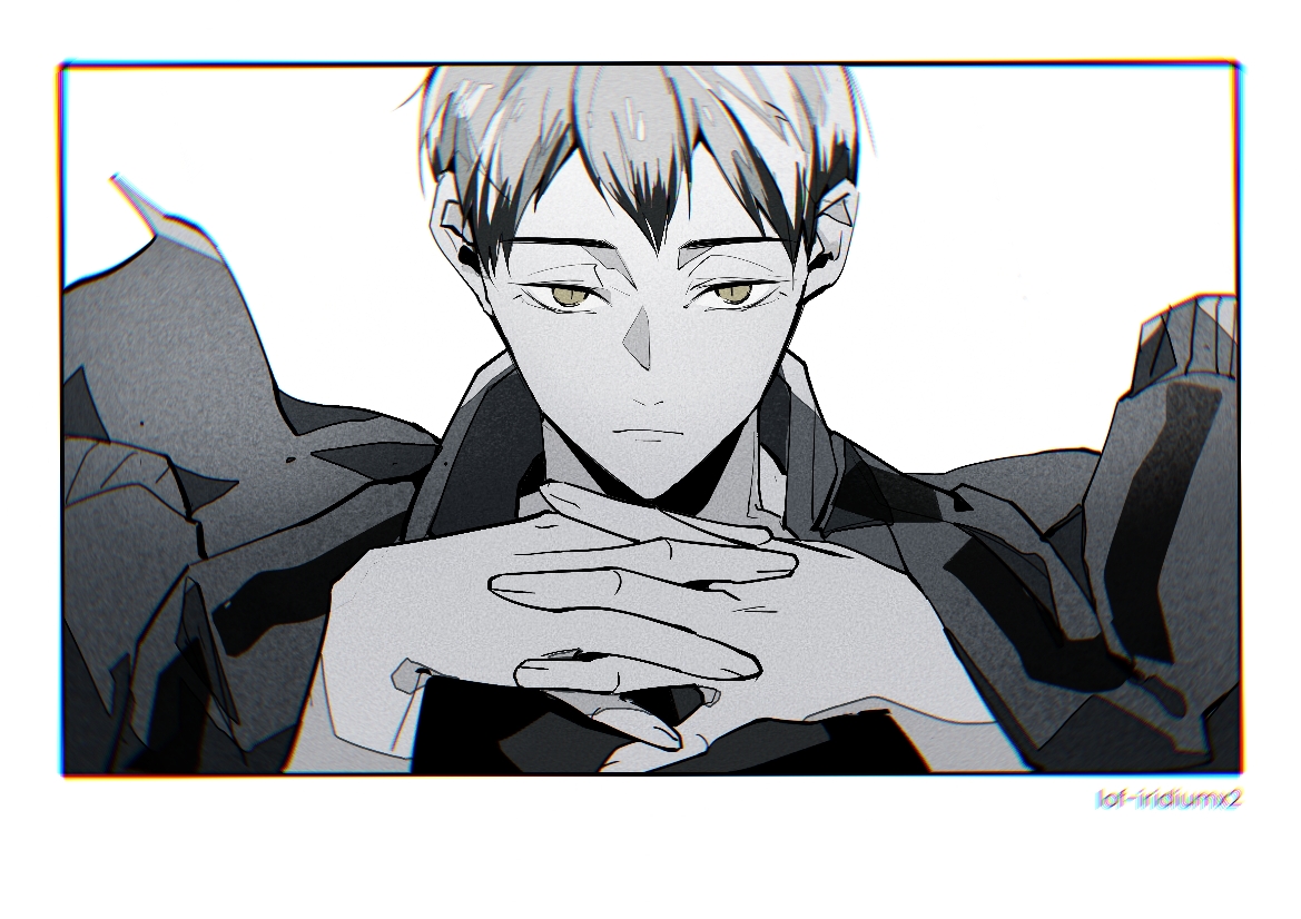 c138300, kita shinsuke, haikyuu!!, commentary request, 1boy, artist name, border, greyscale, interlocked fingers, jacket, jacket on shoulders, looking at viewer, male focus, monochrome, multicolored hair, solo, spot color, straight-on, streaked hair, two-tone hair, white background, white border