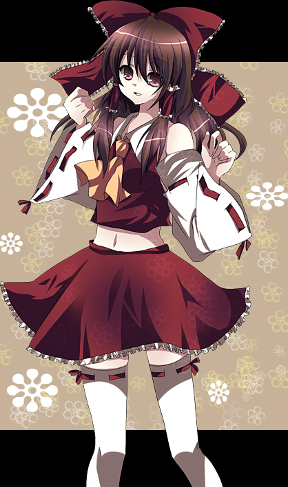 kokoro na, hakurei reimu, touhou, 1girl, bare shoulders, bow, brown eyes, brown hair, female focus, hair bow, long hair, midriff, solo, thighhighs, zettai ryouiki