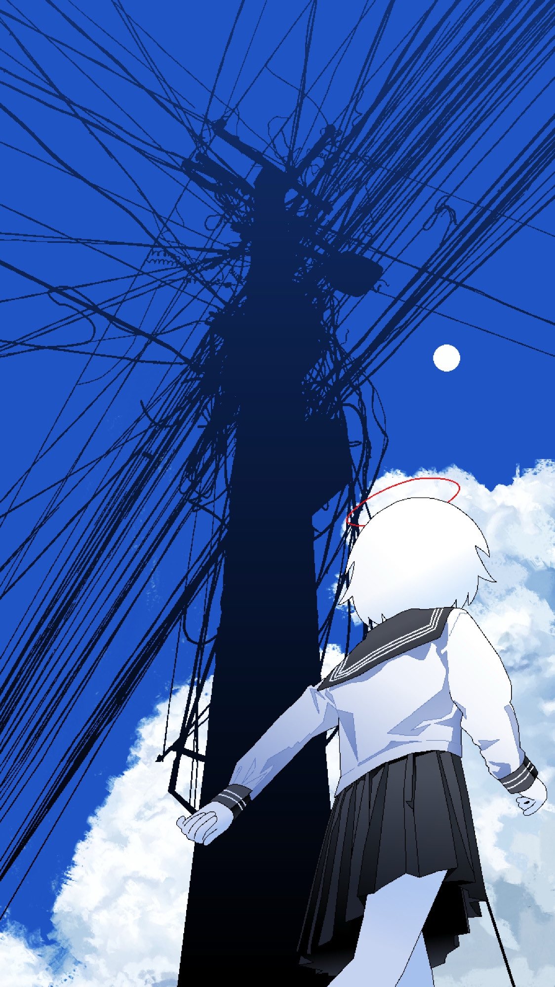 chewchewer, original, highres, microsoft paint (medium), 1girl, angel, black sailor collar, black skirt, blue sky, cloud, colored skin, from below, halo, nyan (chewchewer), outdoors, power lines, red halo, sailor collar, school uniform, serafuku, short hair, skirt, sky, solo, sun, utility pole, walking, white hair, white serafuku, white skin