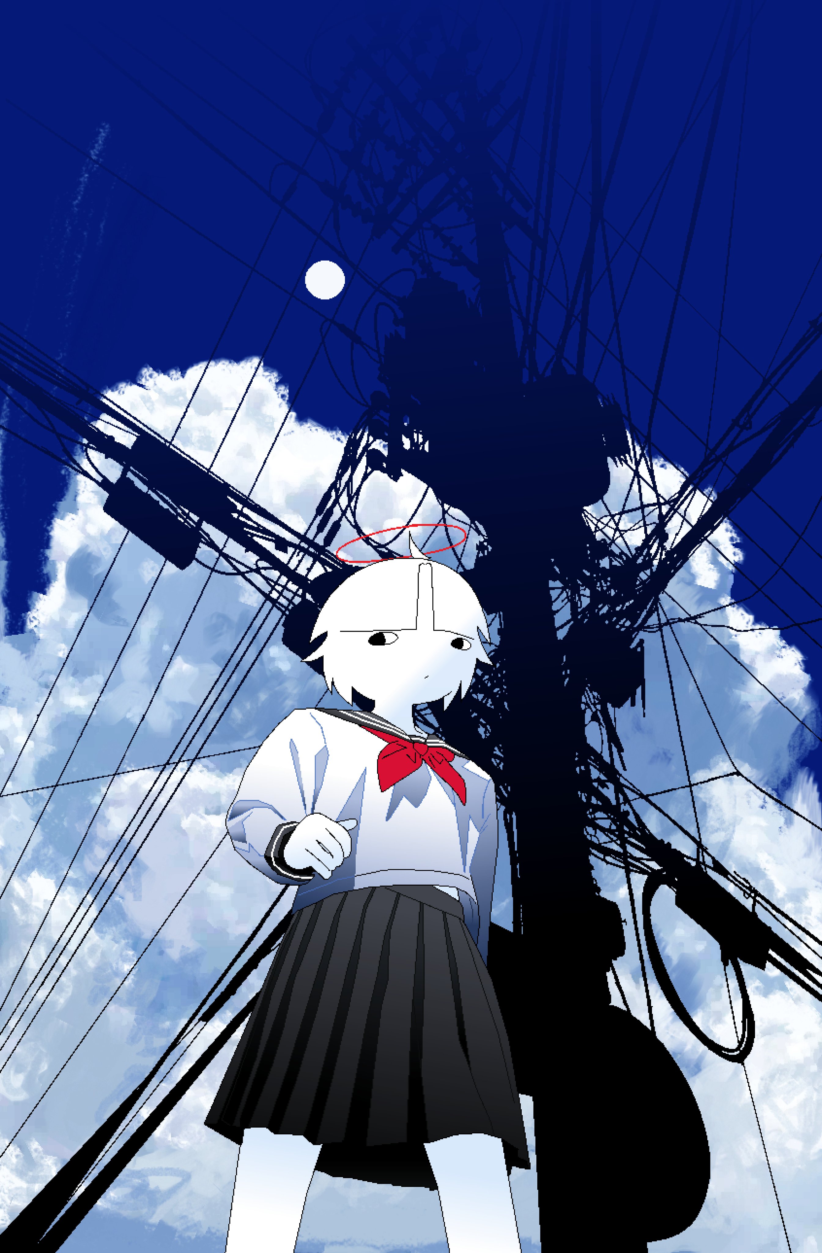 chewchewer, original, absurdres, highres, microsoft paint (medium), 1girl, ahoge, angel, black skirt, blue sky, closed mouth, cloud, cloudy sky, colored skin, from below, halo, looking to the side, neckerchief, nyan (chewchewer), power lines, red halo, red neckerchief, school uniform, serafuku, short hair, skirt, sky, solo, sun, utility pole, white hair, white serafuku, white skin