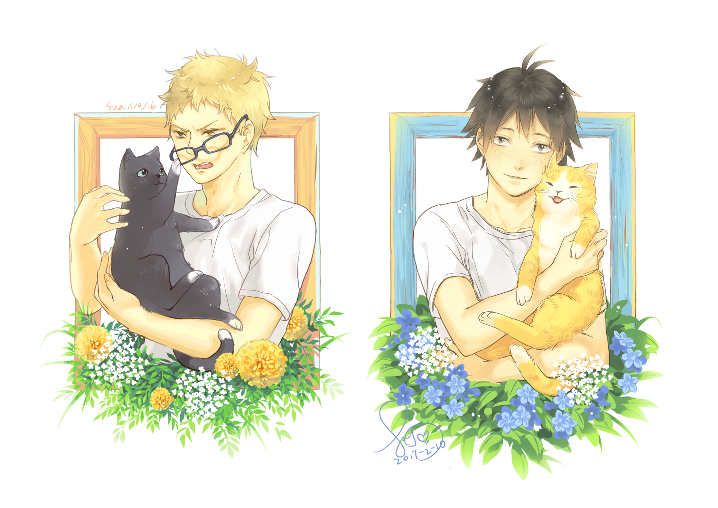 sua lucid, tsukishima kei, yamaguchi tadashi, haikyuu!!, commentary request, flower request, 2boys, animal, black-framed eyewear, black cat, black hair, blonde hair, blue flower, cat, dated, flower, freckles, holding, holding animal, holding cat, male focus, multiple boys, orange cat, shirt, short hair, signature, simple background, upper body, white background, white shirt, yellow flower