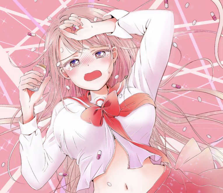 a12nakashima, original, commentary request, 1girl, blush, breasts, breasts day, good breasts day, large breasts, long hair, long sleeves, looking at viewer, midriff, navel, open mouth, partially unzipped, pill, pink background, pink hair, pink sailor collar, pink skirt, pleated skirt, sailor collar, school uniform, serafuku, shirt, skirt, solo, white shirt