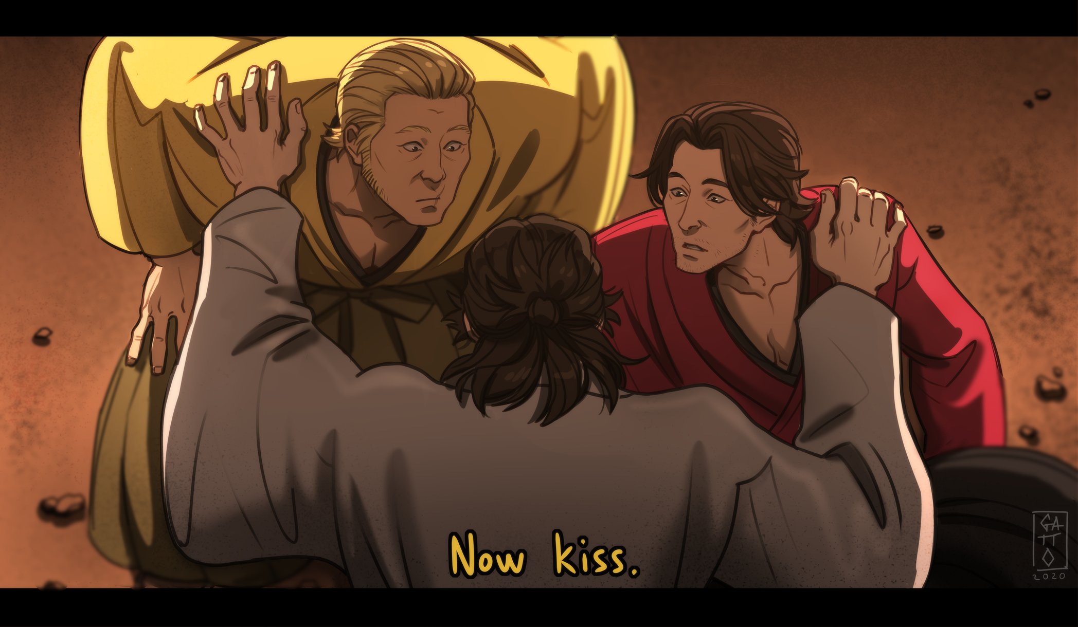 teppn (gattobamboom), akiyama shun, goda ryuji, kiryu kazuma, sakamoto ryouma (ishin), fate/grand order, fate (series), ryuu ga gotoku (series), ryuu ga gotoku ishin!, highres, 3boys, black hair, blonde hair, brown hair, hakama, half updo, imminent kiss, japanese clothes, katsura kogorou (ishin), kimono, male focus, multiple boys, saigou kichinosuke (ishin), sideburns, surprised, yaoi