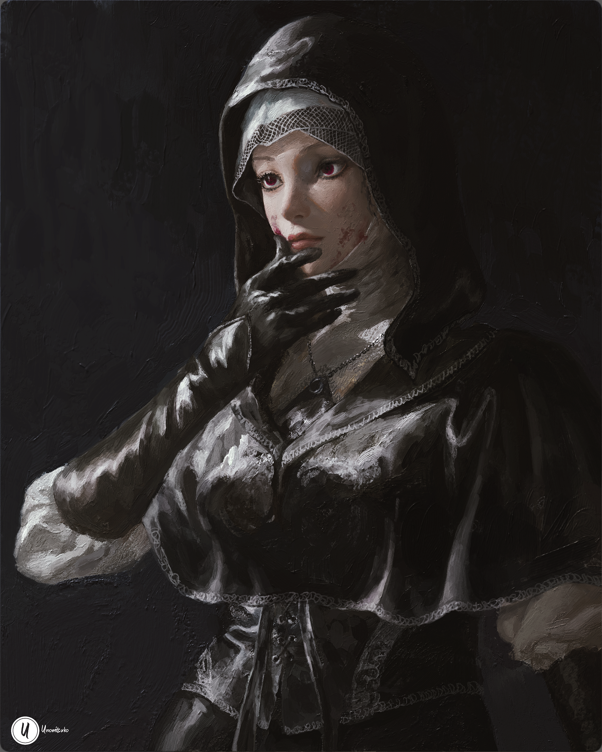 xianggang jizhe, undertaker (elden ring), elden ring, elden ring nightreign, absurdres, commentary, english commentary, highres, 1girl, black background, black bodice, black capelet, black gloves, black hood, blood, blood on face, capelet, dress, gloves, jewelry, looking to the side, mace, necklace, nun, painterly, signature, solo, upper body, weapon, white coif, white dress, wiping mouth