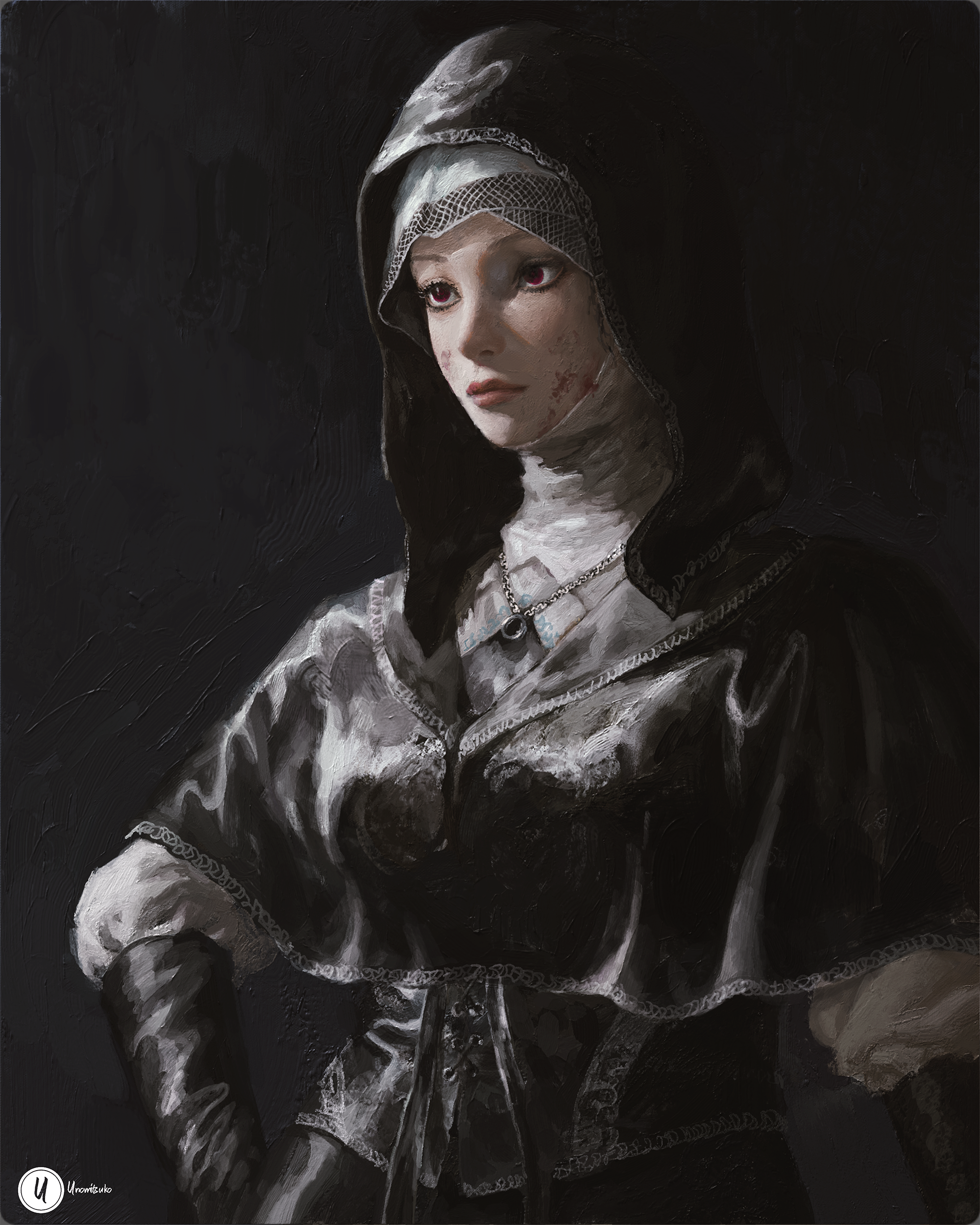 xianggang jizhe, undertaker (elden ring), elden ring, elden ring nightreign, absurdres, commentary, english commentary, highres, 1girl, black background, black bodice, black capelet, black gloves, black hood, blood, blood on face, capelet, dress, gloves, hand on own hip, jewelry, looking to the side, mace, necklace, nun, painterly, signature, solo, upper body, weapon, white coif, white dress