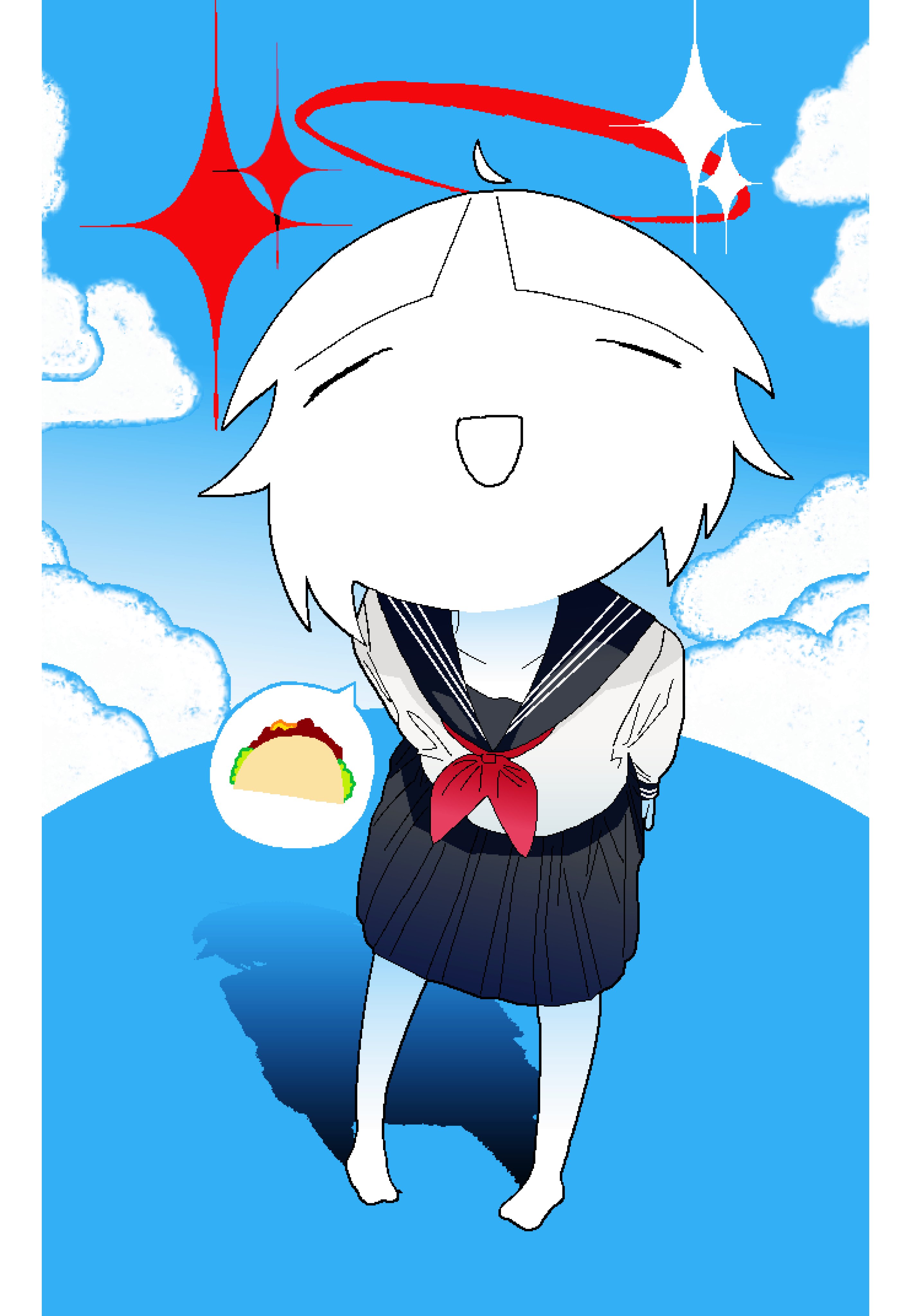 chewchewer, original, absurdres, commentary, highres, microsoft paint (medium), symbol-only commentary, 1girl, ahoge, arms behind back, barefoot, black sailor collar, black skirt, closed mouth, cloud, colored skin, detached ahoge, from above, halo, happy, neckerchief, nyan (chewchewer), open mouth, red halo, red neckerchief, sailor collar, school uniform, serafuku, shadow, short hair, skirt, sky, smile, solo, sparkle, speech bubble, spoken food, taco, white hair, white serafuku, white skin