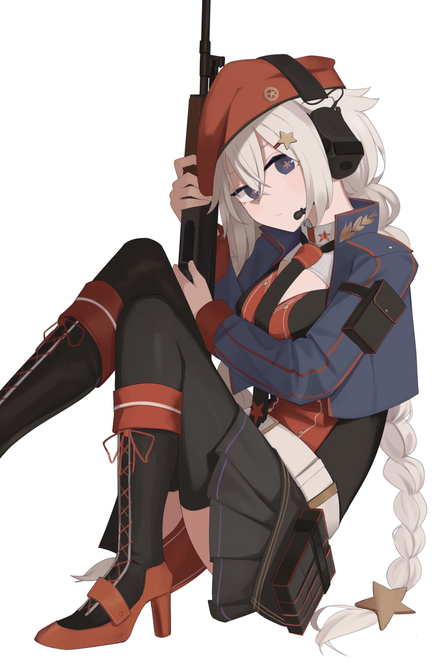 hinami047, ots-12 (girls' frontline), girls' frontline, highres, 1girl, arm pouch, beret, black necktie, black skirt, black thighhighs, blue eyes, blue jacket, boots, braid, cleavage cutout, clothing cutout, cropped jacket, crossed bangs, foot out of frame, grey hair, gun, hair between eyes, hair flaps, hair ornament, hat, headset, high heel boots, high heels, holding, holding gun, holding weapon, jacket, knees up, long braid, long hair, looking at viewer, necktie, red hat, rifle, simple background, sitting, skirt, solo, star-shaped pupils, star (symbol), star hair ornament, symbol-shaped pupils, thighhighs, twin braids, weapon, white background