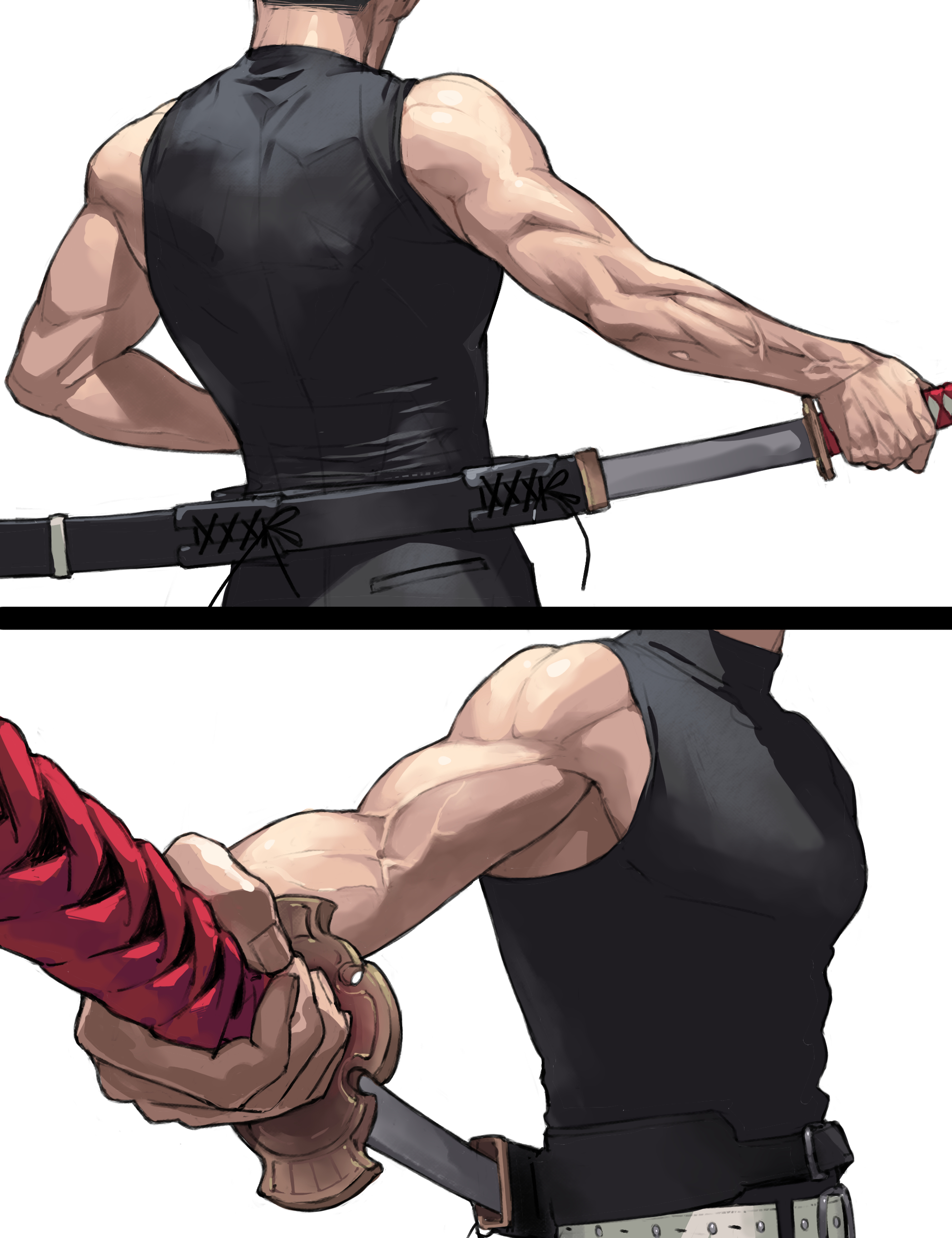 kikakubonko, original, absurdres, commentary request, derivative work, highres, screenshot redraw, 1boy, belt, black pants, black tank top, holding, holding sword, holding weapon, muscular, muscular male, pants, scabbard, sheath, sword, tank top, veins, veiny arms, weapon, white belt