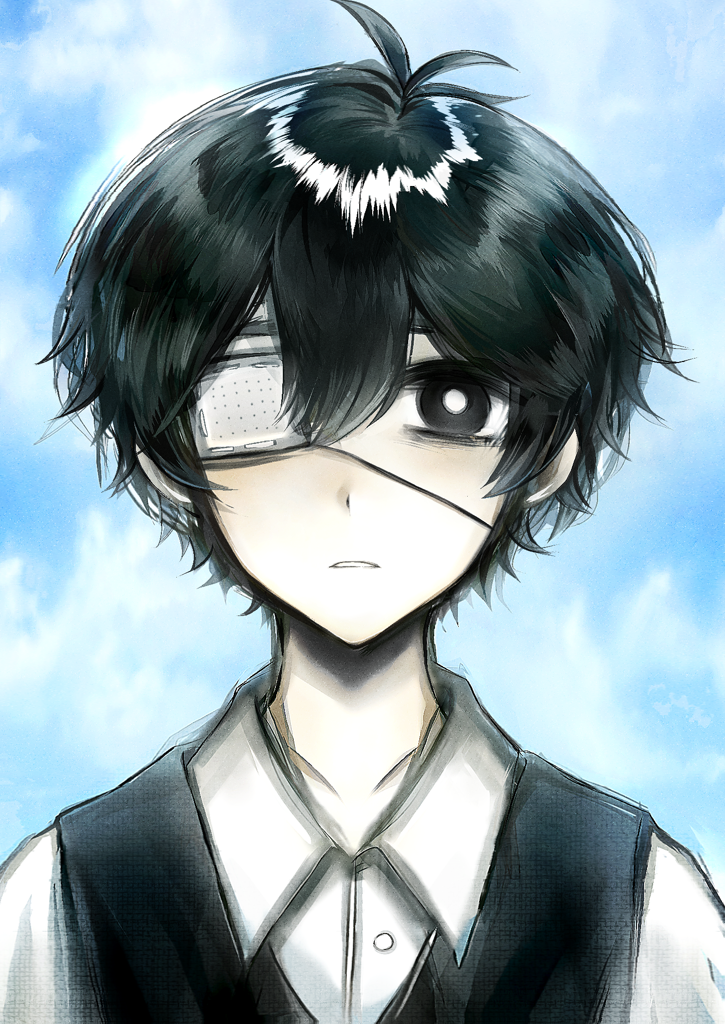 gangsiqiu zhansi, sunny (omori), omori, chinese commentary, commentary request, highres, spoilers, 1boy, antenna hair, arms at sides, bags under eyes, black eyes, black hair, black sweater vest, blue sky, bright pupils, buttons, clenched teeth, cloud, collared shirt, day, double-parted bangs, eyepatch, looking at viewer, male focus, medical eyepatch, one eye covered, outdoors, parted lips, portrait, shirt, short hair, sky, solo, straight-on, sweater vest, teeth, very short hair, white pupils, white shirt