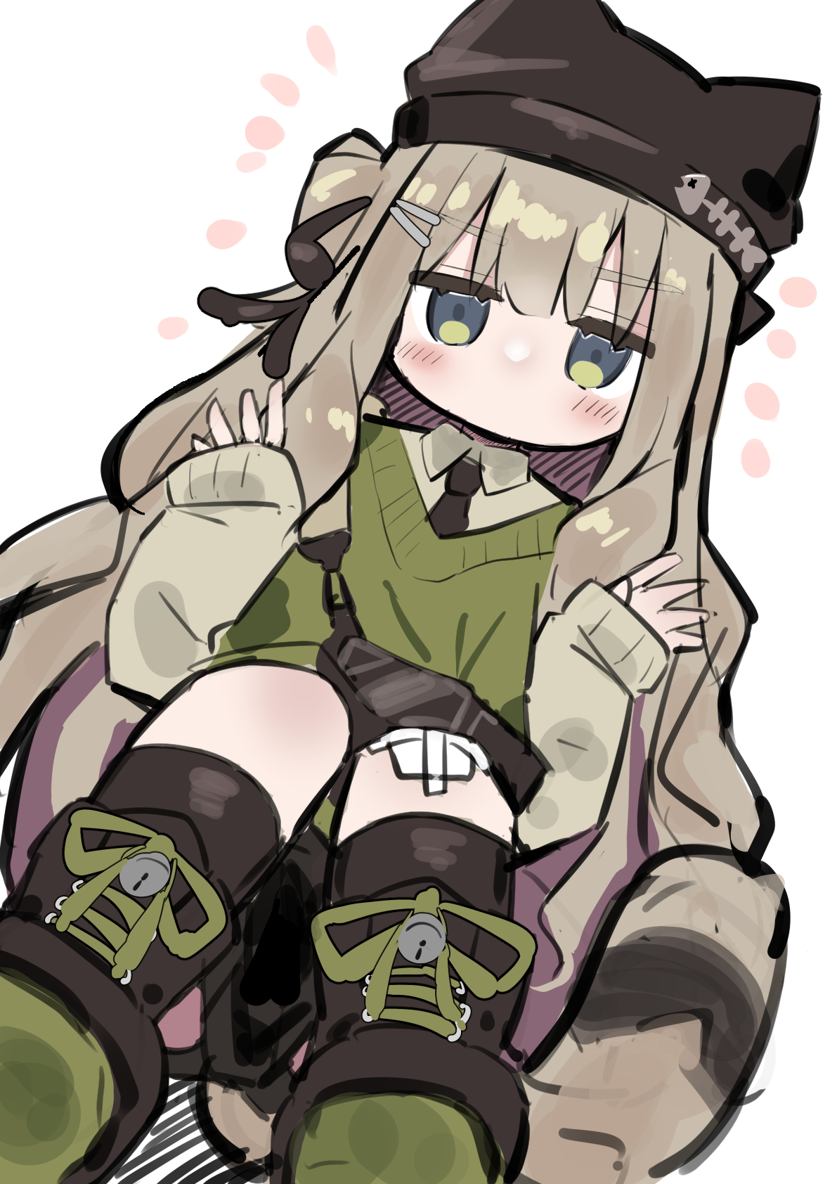 tikuwazyousyou, commentary request, copyright request, highres, 1girl, beanie, black boots, black hat, black necktie, black skirt, blush stickers, boots, brown hair, brown shirt, collared shirt, fanny pack, green eyes, hair ornament, hairclip, hands up, hat, jitome, long hair, long sleeves, looking at viewer, necktie, notice lines, puffy long sleeves, puffy sleeves, shirt, shoe soles, simple background, skirt, sleeves past wrists, solo, striped tail, sweater vest, tail, thick eyebrows, very long hair, white background
