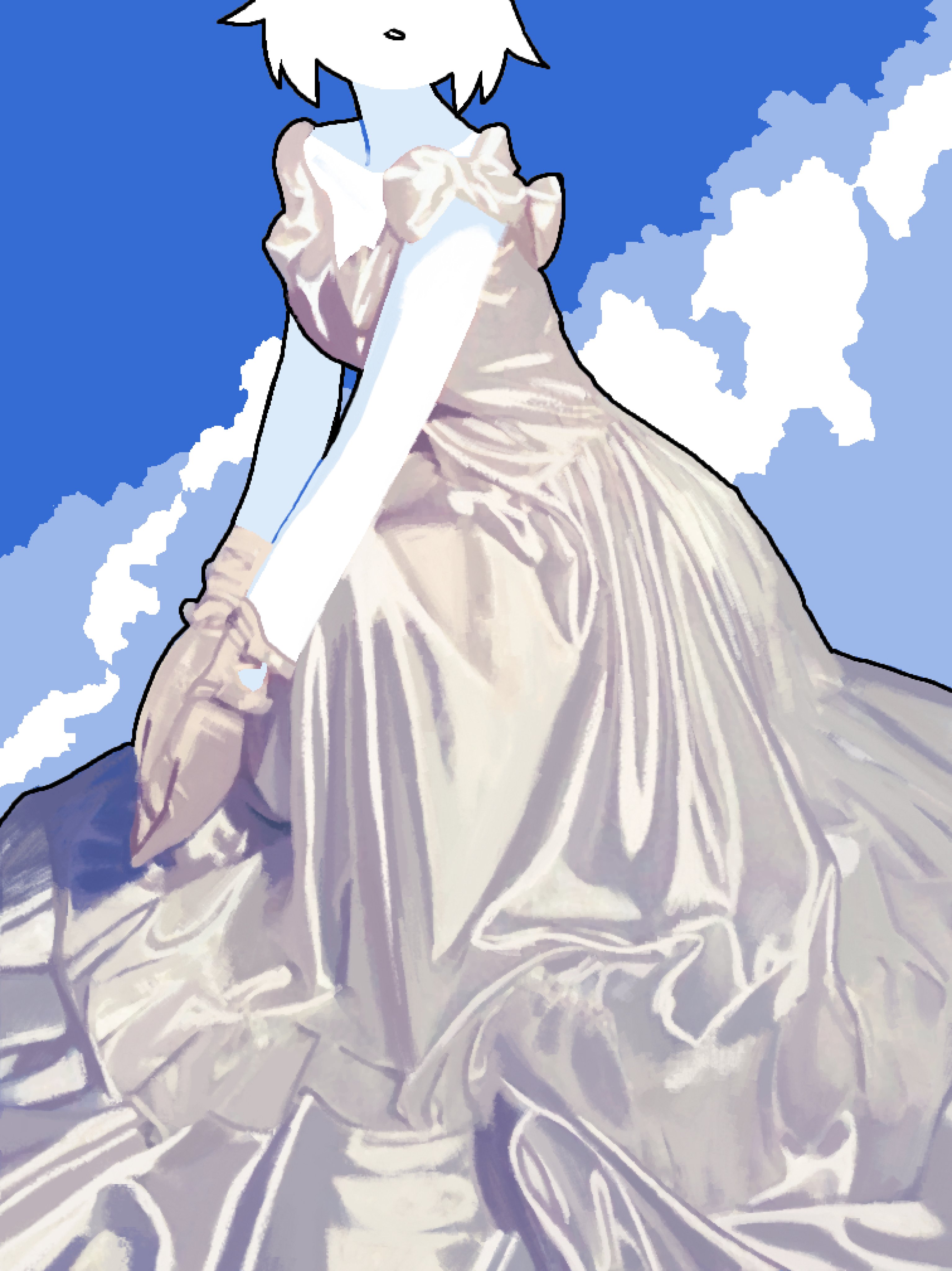 chewchewer, original, absurdres, commentary request, highres, microsoft paint (medium), 1girl, black outline, blue sky, close-up, cloud, colored skin, dress, eyes out of frame, frilled dress, frills, gloves, head out of frame, long dress, lower body, nyan (chewchewer), outline, parted lips, short hair, sitting, sky, solo, white dress, white gloves, white hair, white skin