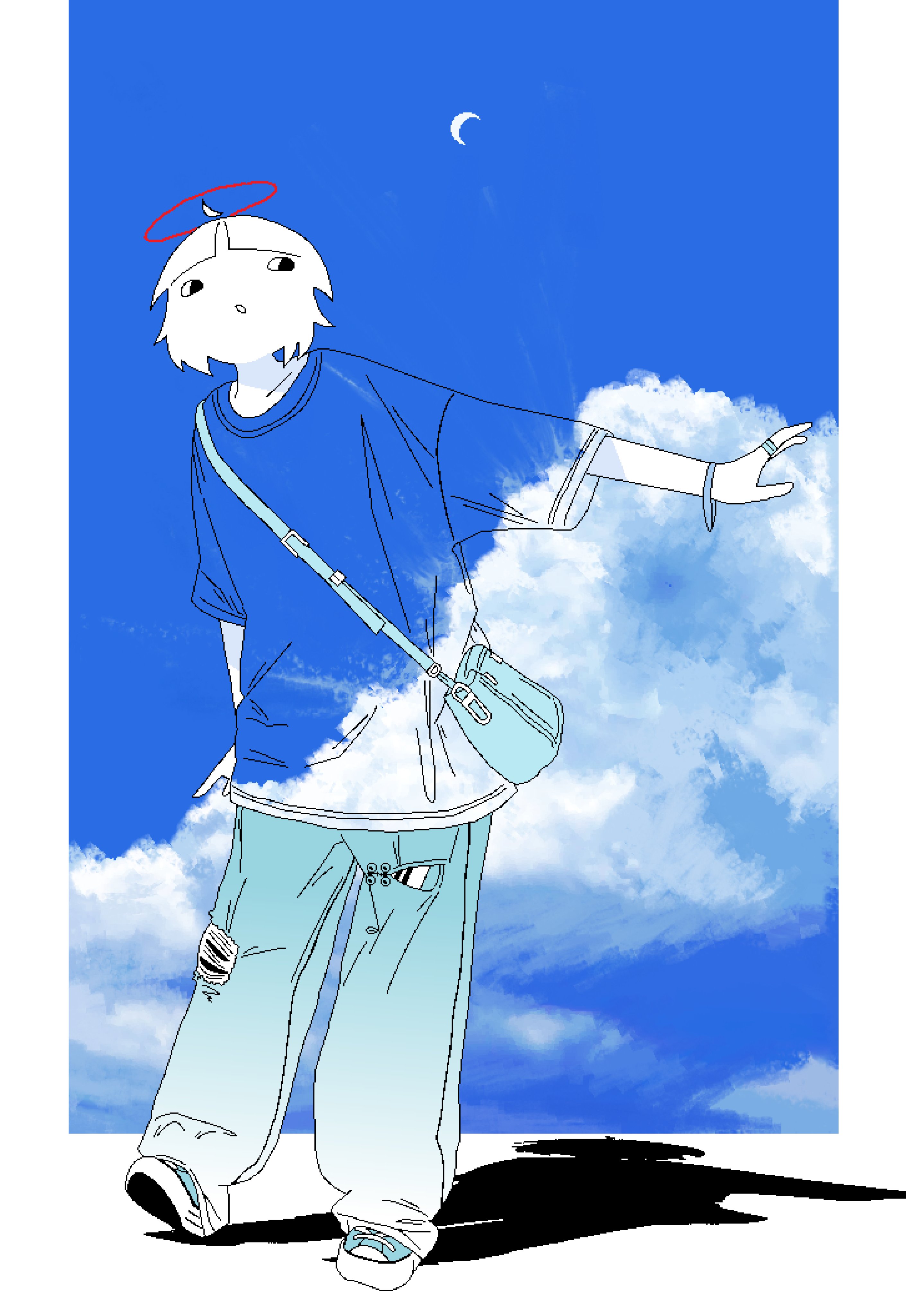 chewchewer, original, absurdres, highres, microsoft paint (medium), 1girl, ahoge, angel, bag, blue bag, blue sky, border, cloud, collarbone, colored skin, crescent moon, detached ahoge, gradient pants, halo, looking back, moon, nyan (chewchewer), open mouth, pants, red halo, see-through clothes, see-through shirt, shadow, shirt, shoes, short hair, short sleeves, shoulder bag, sky, smile, white border, white hair, white skin