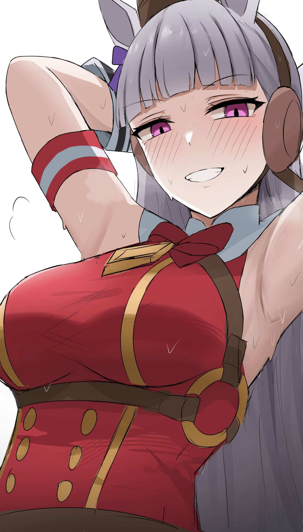namikare, gold ship (red strife) (umamusume), gold ship (umamusume), umamusume, highres, 1girl, :d, animal ears, armband, armpits, arms behind head, arms up, blunt bangs, blush, bow, bowtie, breasts, brown hat, dress, ear bow, grey hair, grin, hat, horse ears, horse girl, large breasts, long hair, looking at viewer, open mouth, purple bow, purple eyes, red armband, red bow, red bowtie, red dress, simple background, smile, solo, sweat, upper body