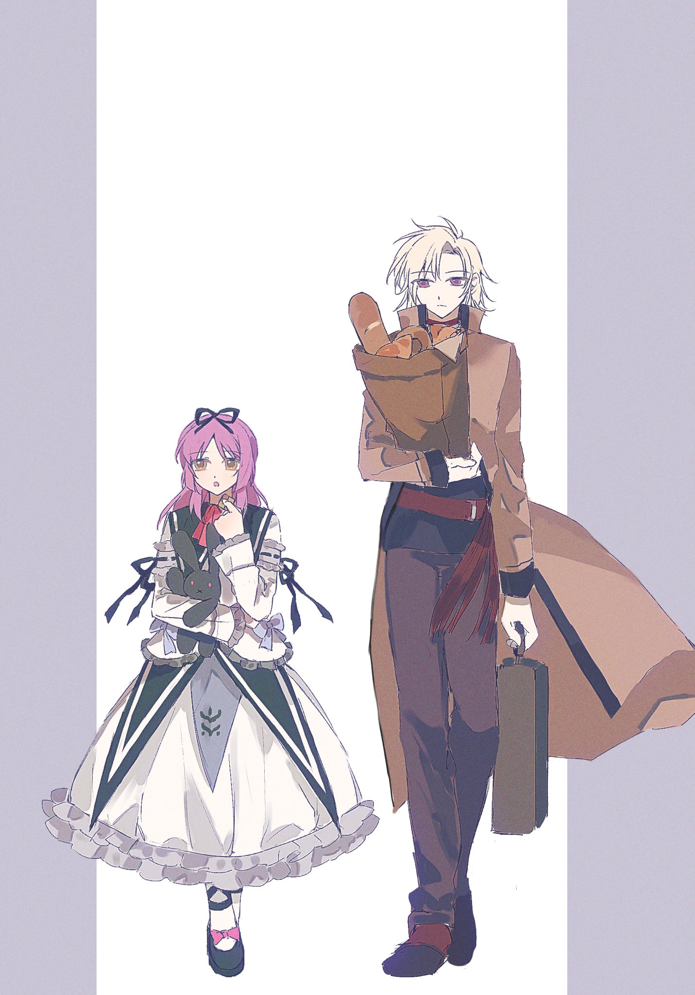 leonhardt (eiyuu densetsu), renne (eiyuu densetsu), eiyuu densetsu, sora no kiseki, hashtag-only commentary, highres, 1boy, 1girl, asprosgy, bag, baguette, border, bow, bread, curtained hair, dress, floating clothes, food, full body, grey border, groceries, grocery bag, hair bow, holding, holding bag, holding suitcase, hugging object, long hair, mary janes, paper bag, parted bangs, purple hair, red eyes, shoes, shopping bag, short hair, stuffed animal, stuffed rabbit, stuffed toy, suitcase, two-tone background, white background, white hair, yellow eyes