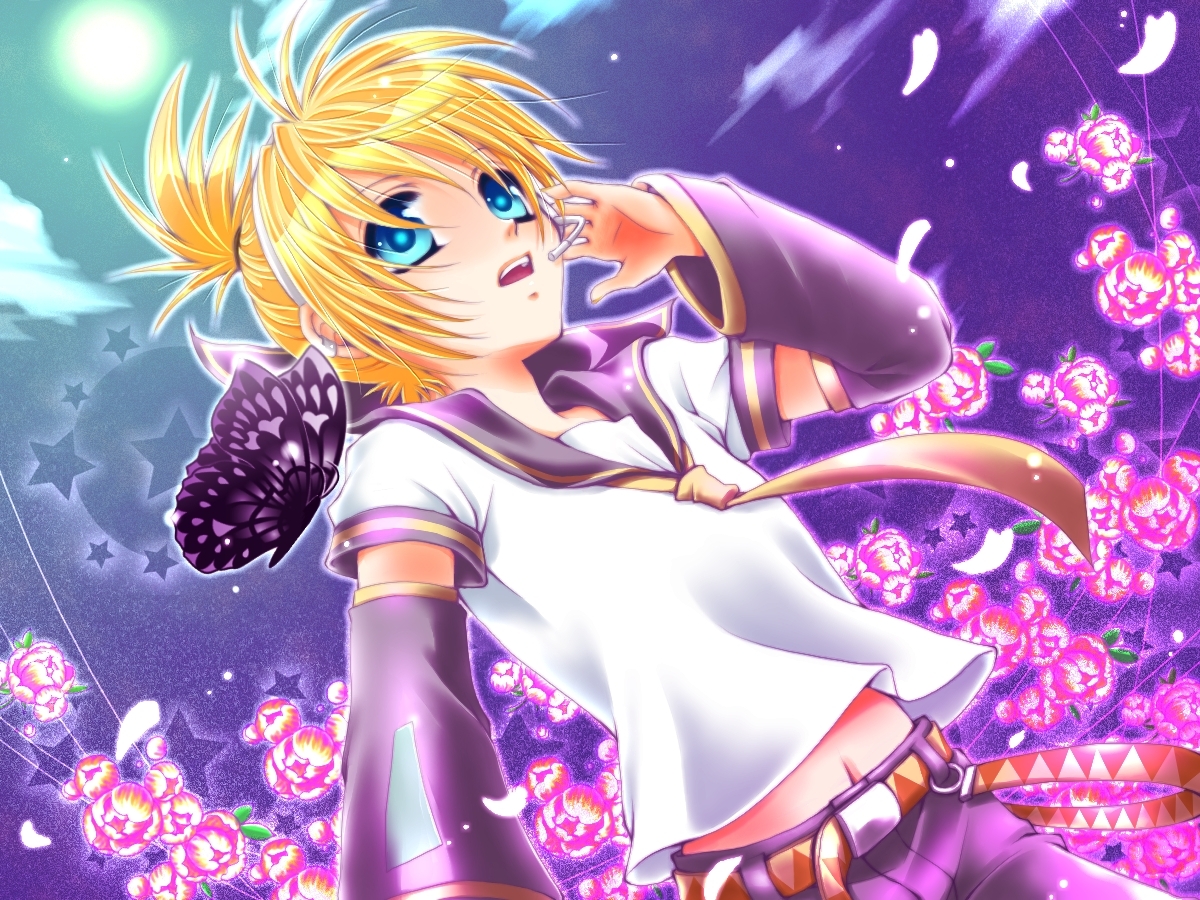 kiriya-sa, kagamine len, migikata no chou (vocaloid), vocaloid, bad id, bad piapro id, bad pixiv id, 1boy, blonde hair, blue eyes, bug, butterfly, flower, full moon, insect, male focus, moon, nature, night, outdoors, petals, short hair, shorts, sky, solo