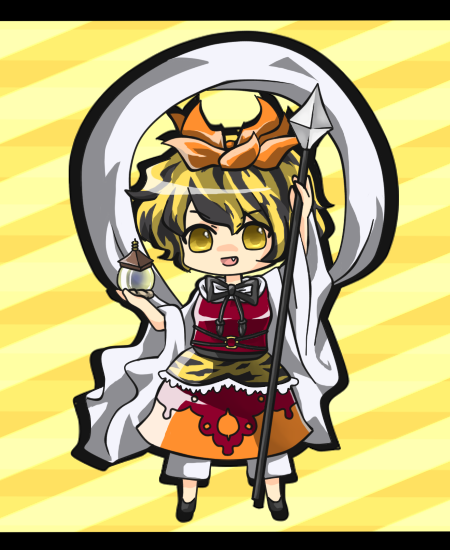 toramaru shou, touhou, bad id, bad pixiv id, 1girl, bishamonten's pagoda, blonde hair, chibi, female focus, full body, hair ornament, multicolored hair, pagoda, polearm, shawl, solo, spear, standing, weapon, yellow eyes