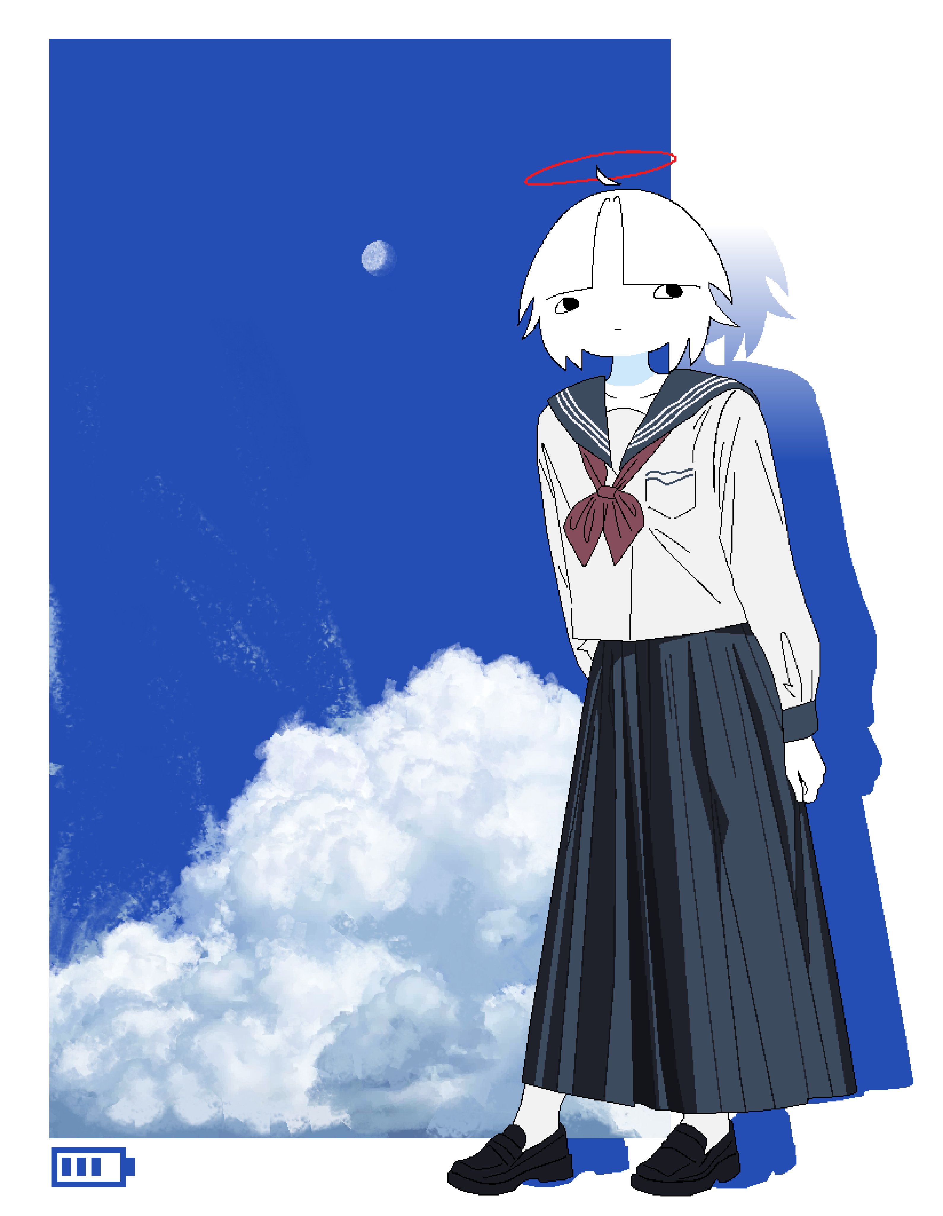 chewchewer, original, absurdres, highres, microsoft paint (medium), 1girl, ahoge, angel, battery indicator, black sandals, blue sailor collar, blue skirt, blue sky, border, closed mouth, cloud, cloudy sky, collarbone, colored skin, detached ahoge, halo, long skirt, looking to the side, neckerchief, nyan (chewchewer), pocket, red halo, red neckerchief, sailor collar, sandals, shadow, short hair, skirt, sky, solo, sun, white border, white hair, white skin