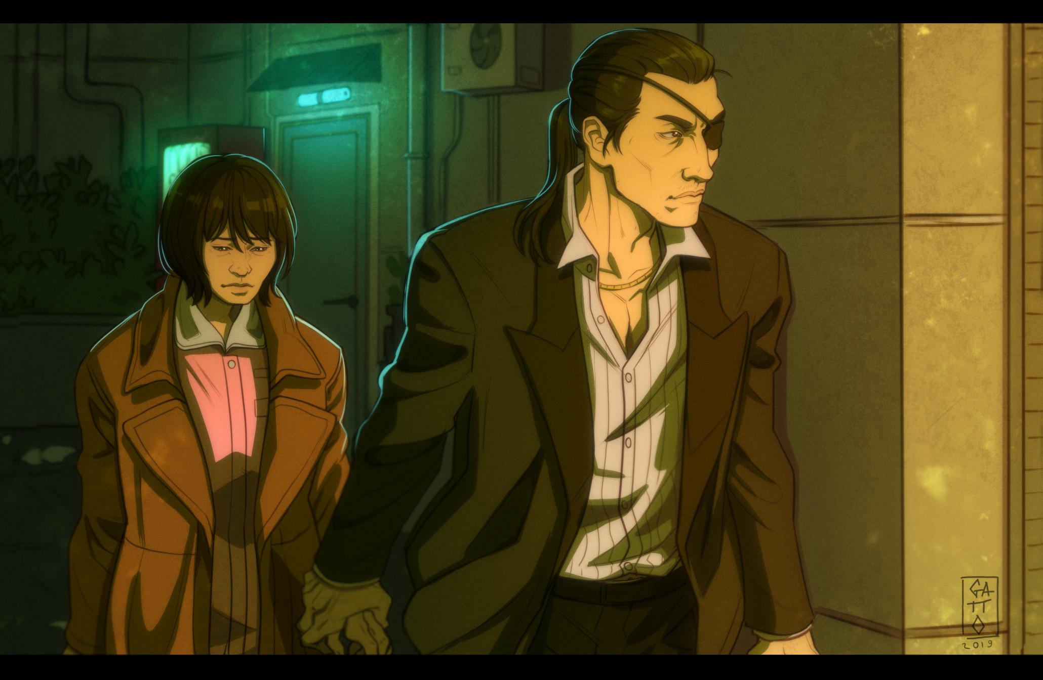 teppn (gattobamboom), majima goro, makimura makoto, ryuu ga gotoku (series), ryuu ga gotoku 0, hashtag-only commentary, highres, 1boy, 1girl, black hair, black jacket, chain, chain necklace, cheekbones, collared shirt, eyepatch, holding hands, jacket, jewelry, long hair, necklace, night, ponytail, shirt, short hair