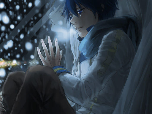 yamakawa (sato), yamakawa umi, kaito (vocaloid), vocaloid, bad id, bad piapro id, 1boy, blue eyes, blue hair, blue scarf, hand on window, male focus, matching hair/eyes, reflection, scarf, short hair, sitting, snow, snowing, solo