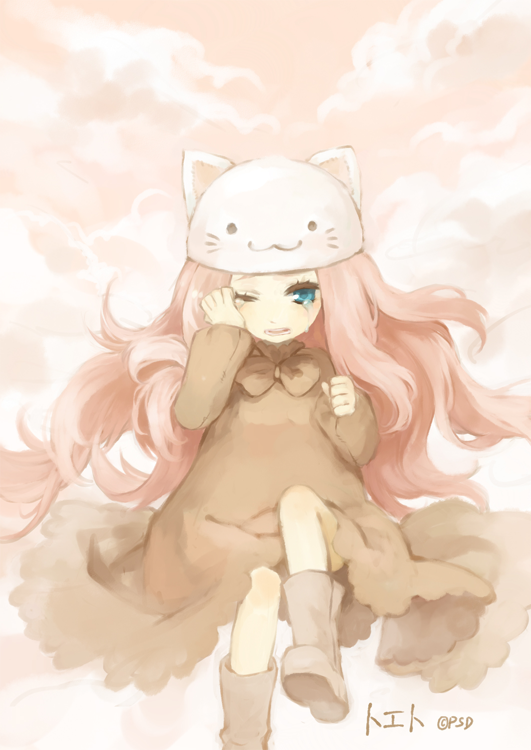 psd, megurine luka, megurine luka (toeto), toeto (vocaloid), vocaloid, bad id, bad pixiv id, highres, 1girl, :3, animal ears, animal hat, blue eyes, boots, cat ears, cat girl, cat hat, female focus, hat, long hair, pink hair, solo, tears